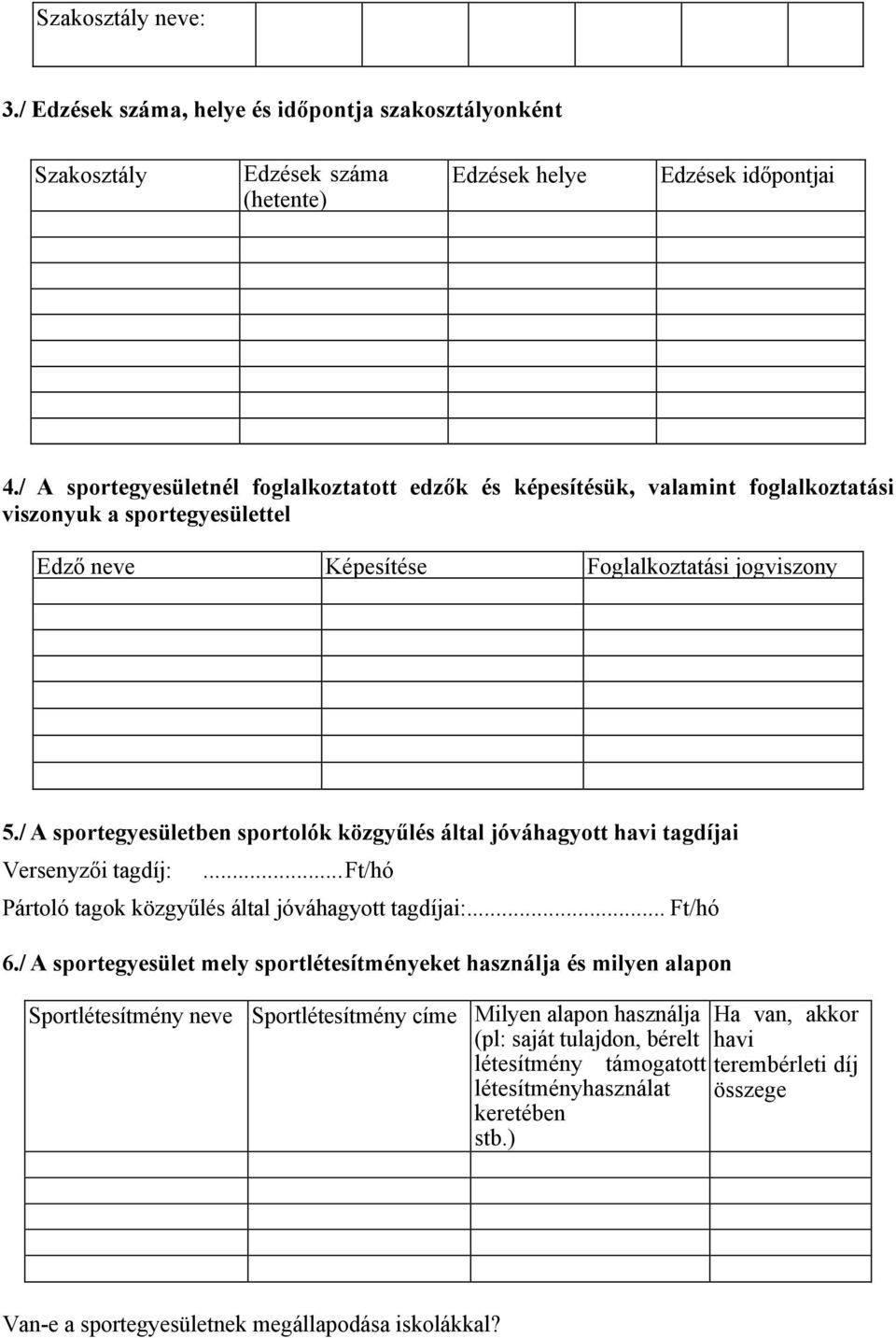 / A sportegyesületben sportolók közgyűlés által jóváhagyott havi tagdíjai Versenyzői tagdíj:...ft/hó Pártoló tagok közgyűlés által jóváhagyott tagdíjai:... Ft/hó 6.