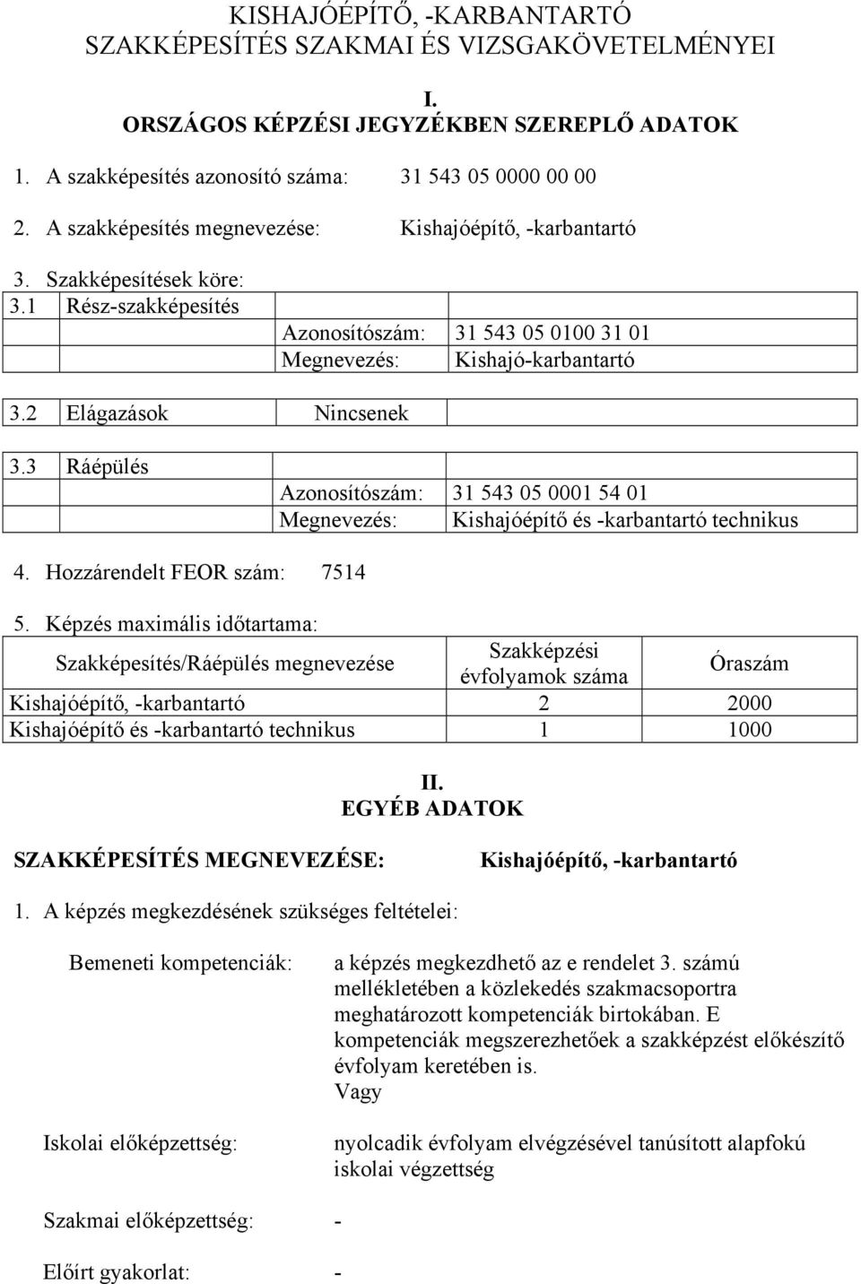 3 Ráépülés Azonosítószám: 31 543 05 0001 54 01 Megnevezés: Kishajóépítő és -karbantartó technikus 4. Hozzárendelt FEOR szám: 7514 5.