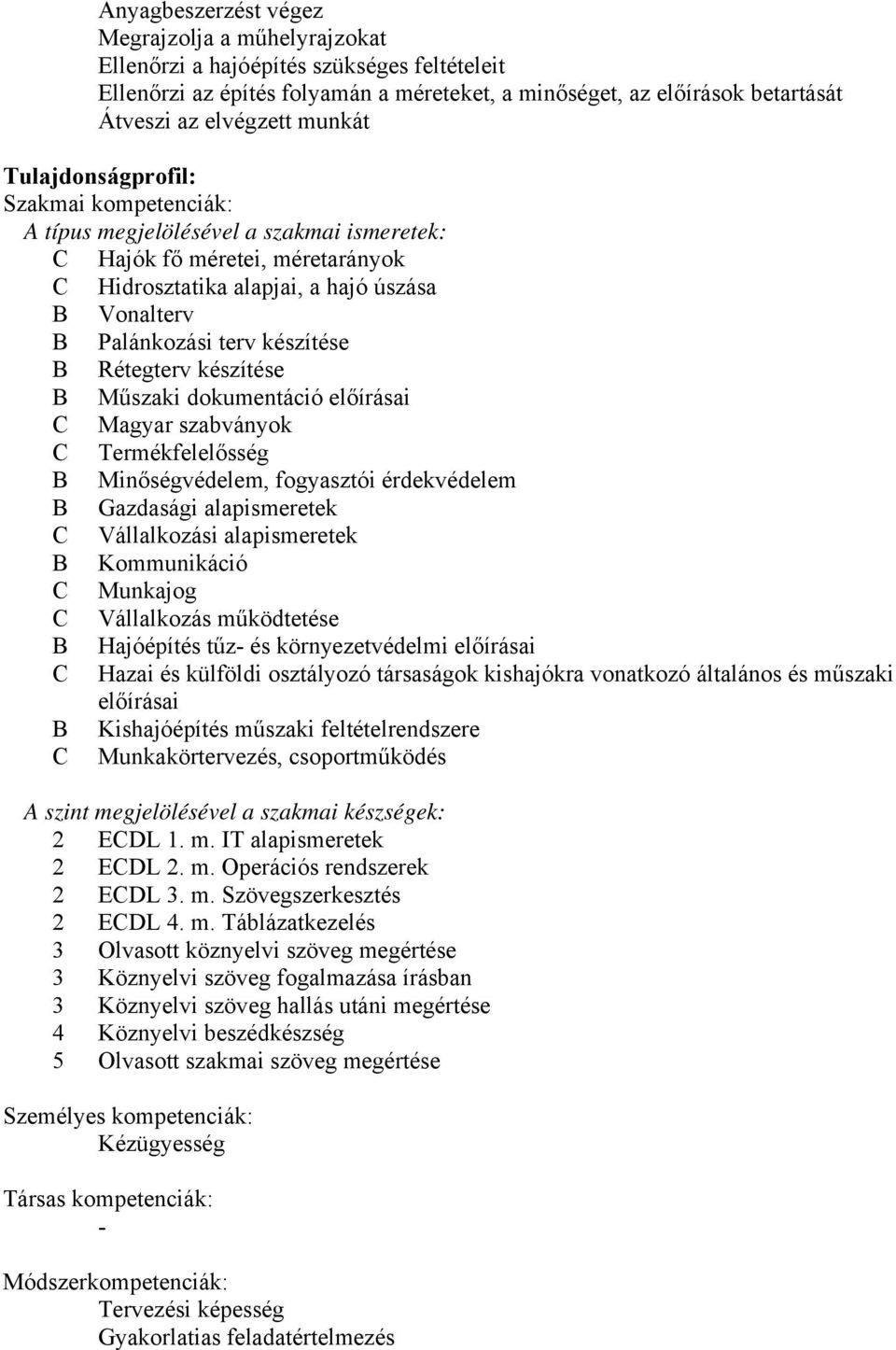 Rétegterv készítése Műszaki dokumentáció előírásai Magyar szabványok Termékfelelősség Minőségvédelem, fogyasztói érdekvédelem Gazdasági alapismeretek Vállalkozási alapismeretek Kommunikáció Munkajog