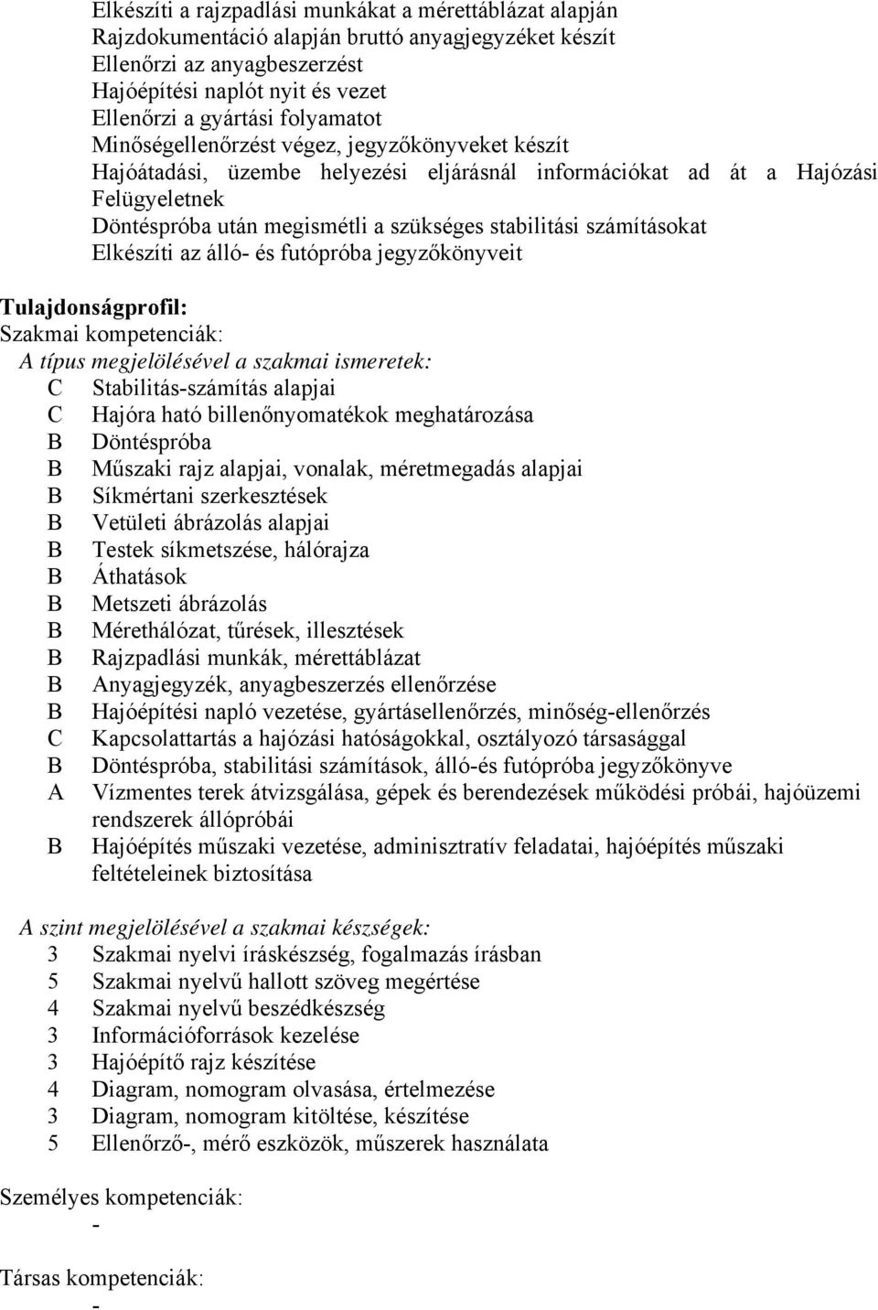 számításokat Elkészíti az álló- és futópróba jegyzőkönyveit Tulajdonságprofil: Szakmai kompetenciák: A típus megjelölésével a szakmai ismeretek: Stabilitás-számítás alapjai Hajóra ható