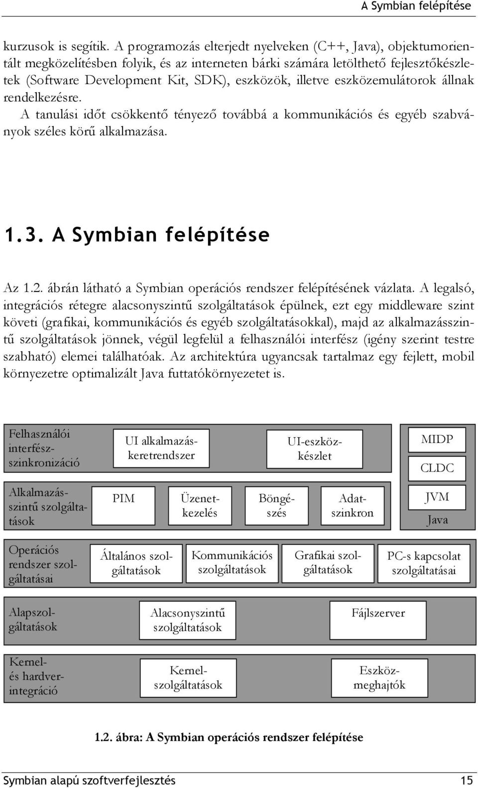 illetve eszközemulátorok állnak rendelkezésre. A tanulási időt csökkentő tényező továbbá a kommunikációs és egyéb szabványok széles körű alkalmazása. 1.3. A Symbian felépítése Az 1.2.