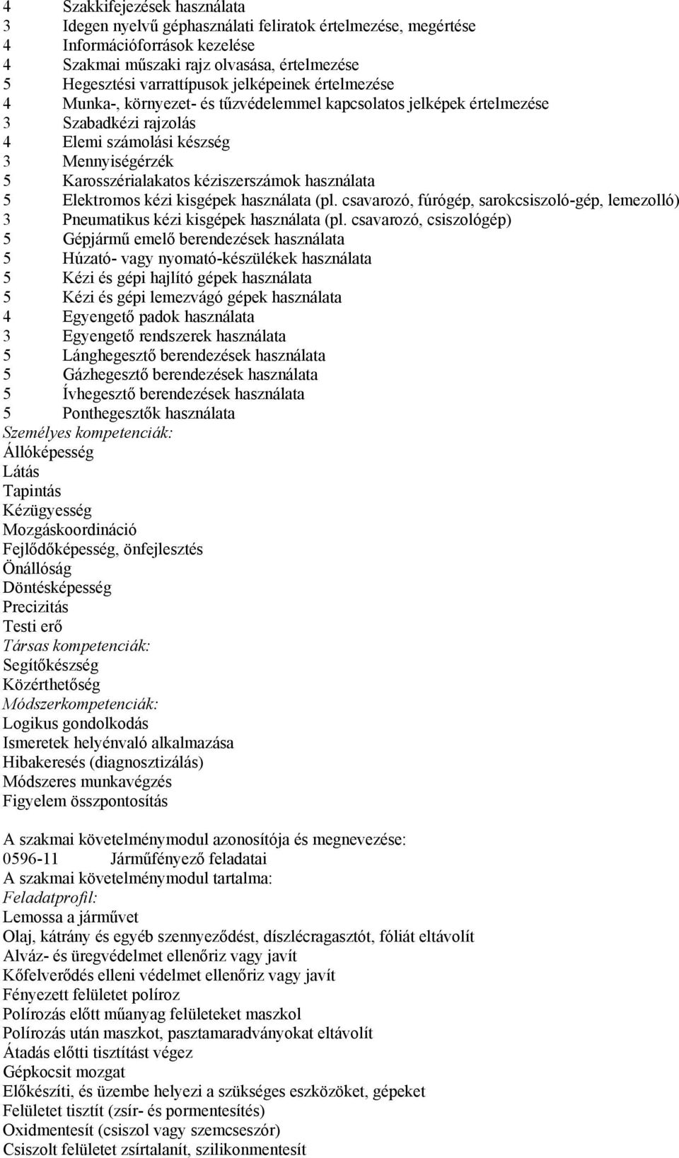 használata 5 Elektromos kézi kisgépek használata (pl. csavarozó, fúrógép, sarokcsiszoló-gép, lemezolló) 3 Pneumatikus kézi kisgépek használata (pl.