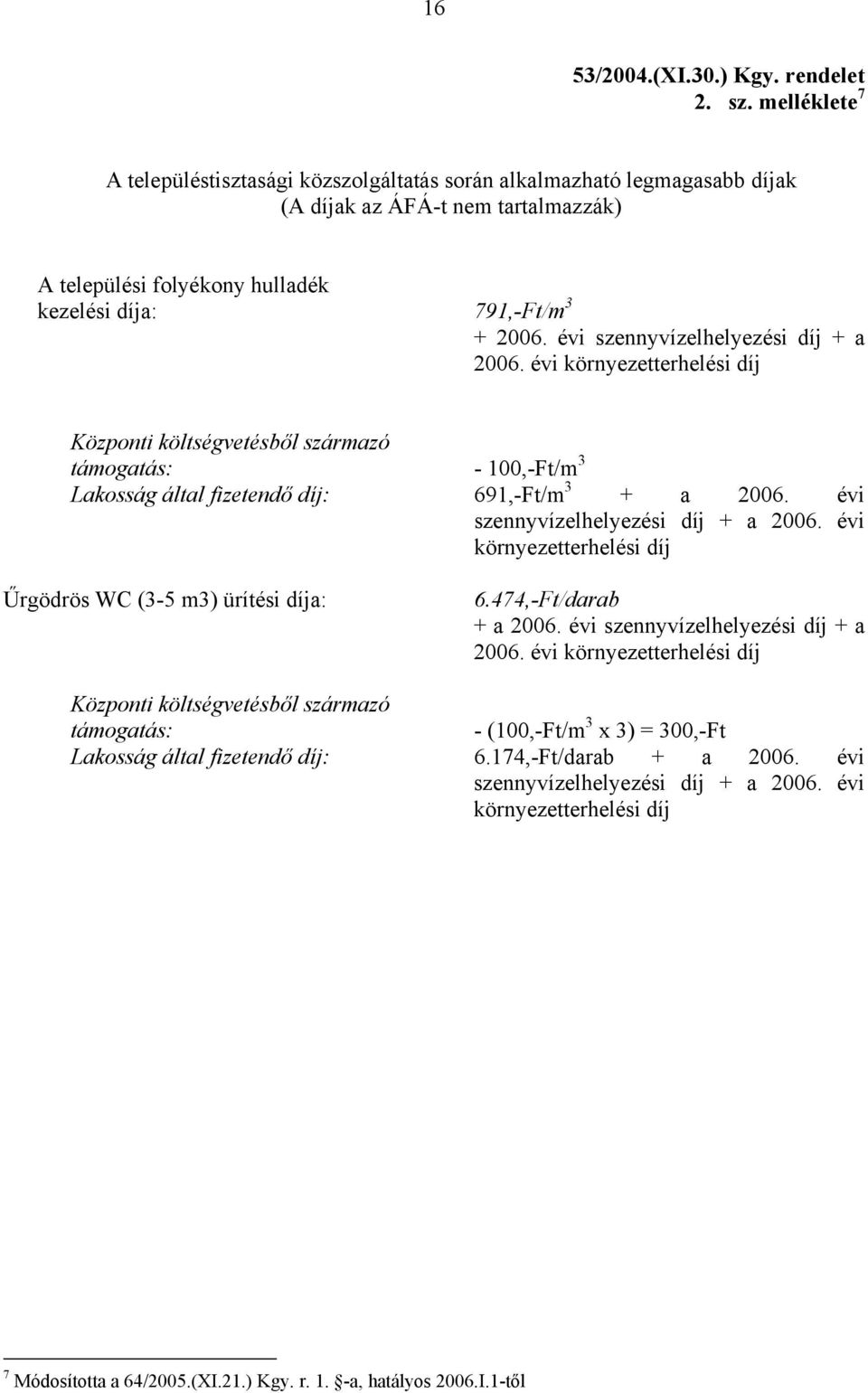 évi szennyvízelhelyezési díj + a 2006. évi környezetterhelési díj Központi költségvetésből származó támogatás: - 100,-Ft/m 3 Lakosság által fizetendő díj: 691,-Ft/m 3 + a 2006.