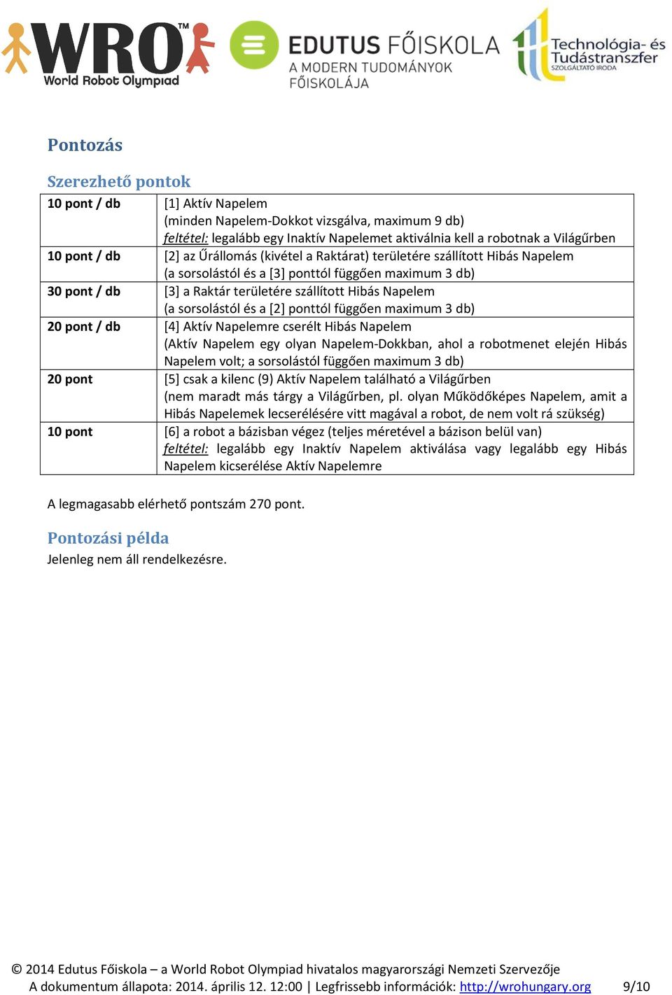 sorsolástól és a [2] ponttól függően maximum 3 db) 20 pont / db [4] Aktív Napelemre cserélt Hibás Napelem (Aktív Napelem egy olyan Napelem-Dokkban, ahol a robotmenet elején Hibás Napelem volt; a