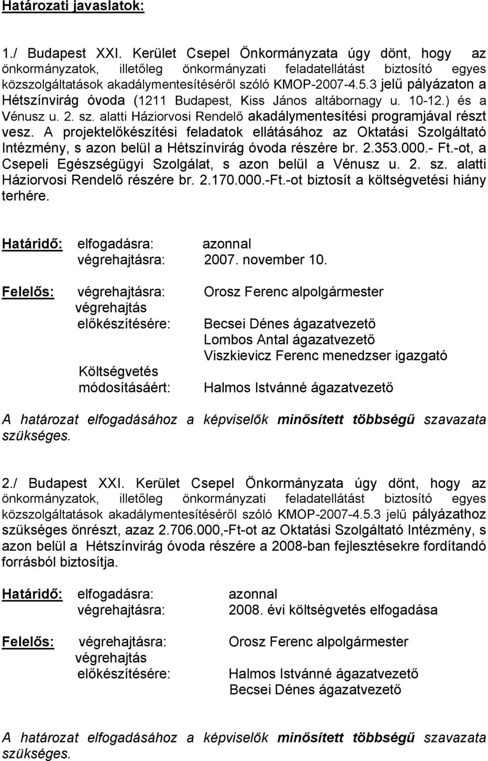 3 jelű pályázaton a Hétszínvirág óvoda (1211 Budapest, Kiss János altábornagy u. 10-12.) és a Vénusz u. 2. sz. alatti Háziorvosi Rendelő akadálymentesítési programjával részt vesz.