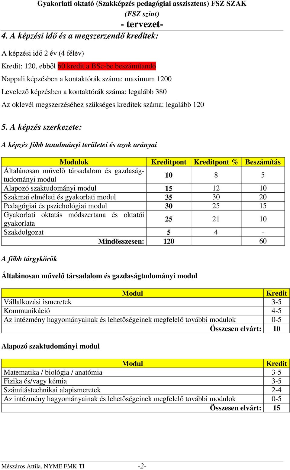 A képzés szerkezete: A képzés főbb tanulmányi területei és azok arányai ok pont pont % Beszámítás Általánosan művelő társadalom és gazdaságtudományi modul 10 8 5 Alapozó szaktudományi modul 15 12 10