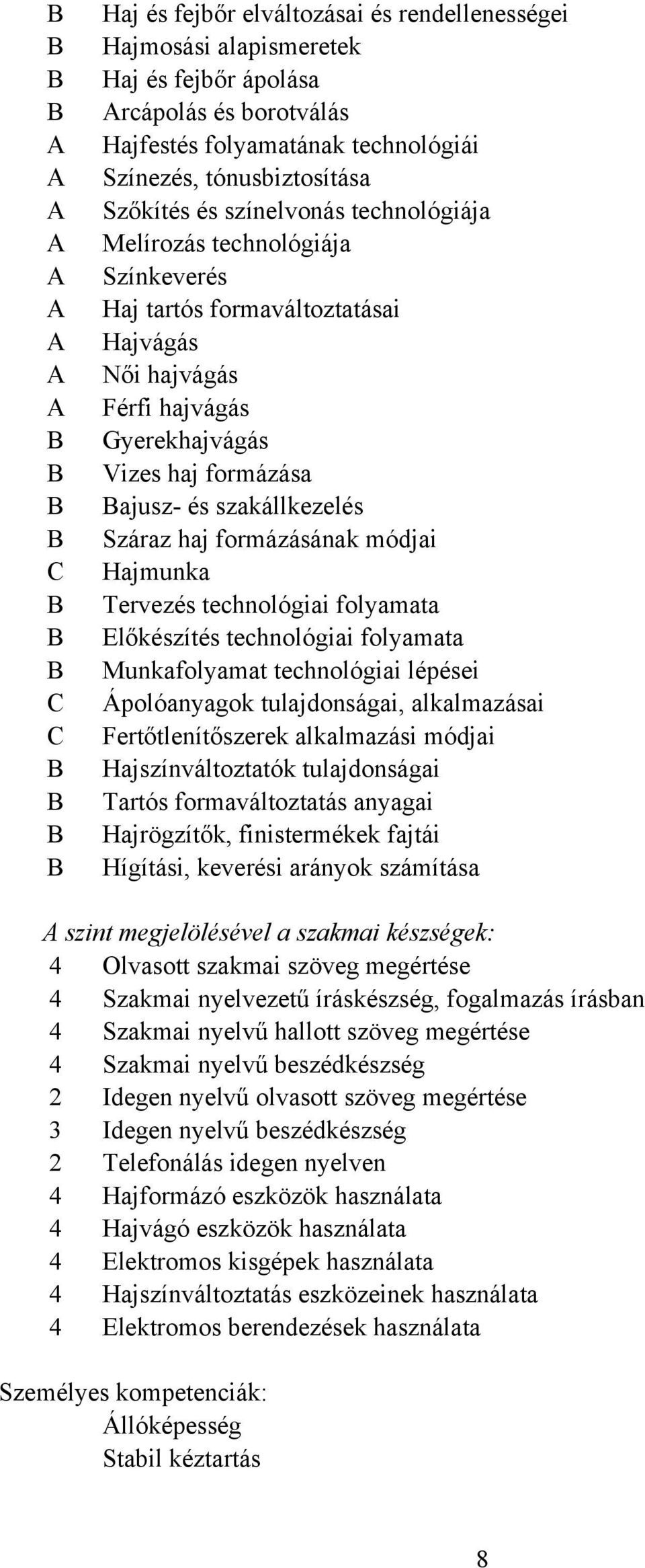 formázásának módjai Hajmunka Tervezés technológiai folyamata Előkészítés technológiai folyamata Munkafolyamat technológiai lépései Ápolóanyagok tulajdonságai, alkalmazásai Fertőtlenítőszerek