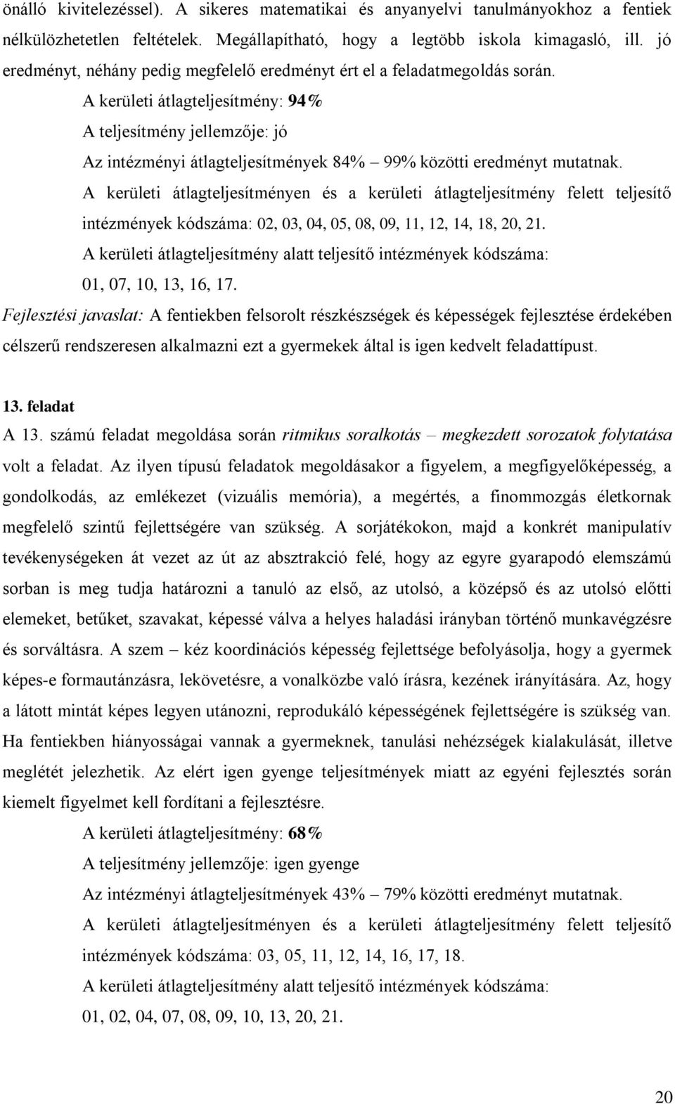 A kerületi átlagteljesítmény: 94% A teljesítmény jellemzője: jó Az intézményi átlagteljesítmények 84% 99% közötti eredményt mutatnak.