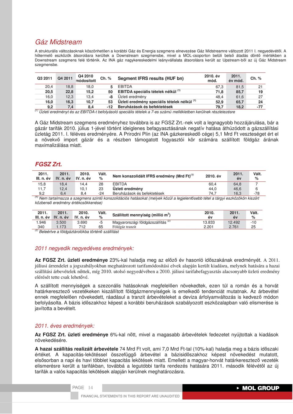 Az INA gáz nagykereskedelmi leányvállalata átsorolásra került az Upstream-bl az új Gáz Midstream szegmensbe. Q3 2011 Q4 2011 Q4 2010 Ch. Segment IFRS results (HUF bn) mód.