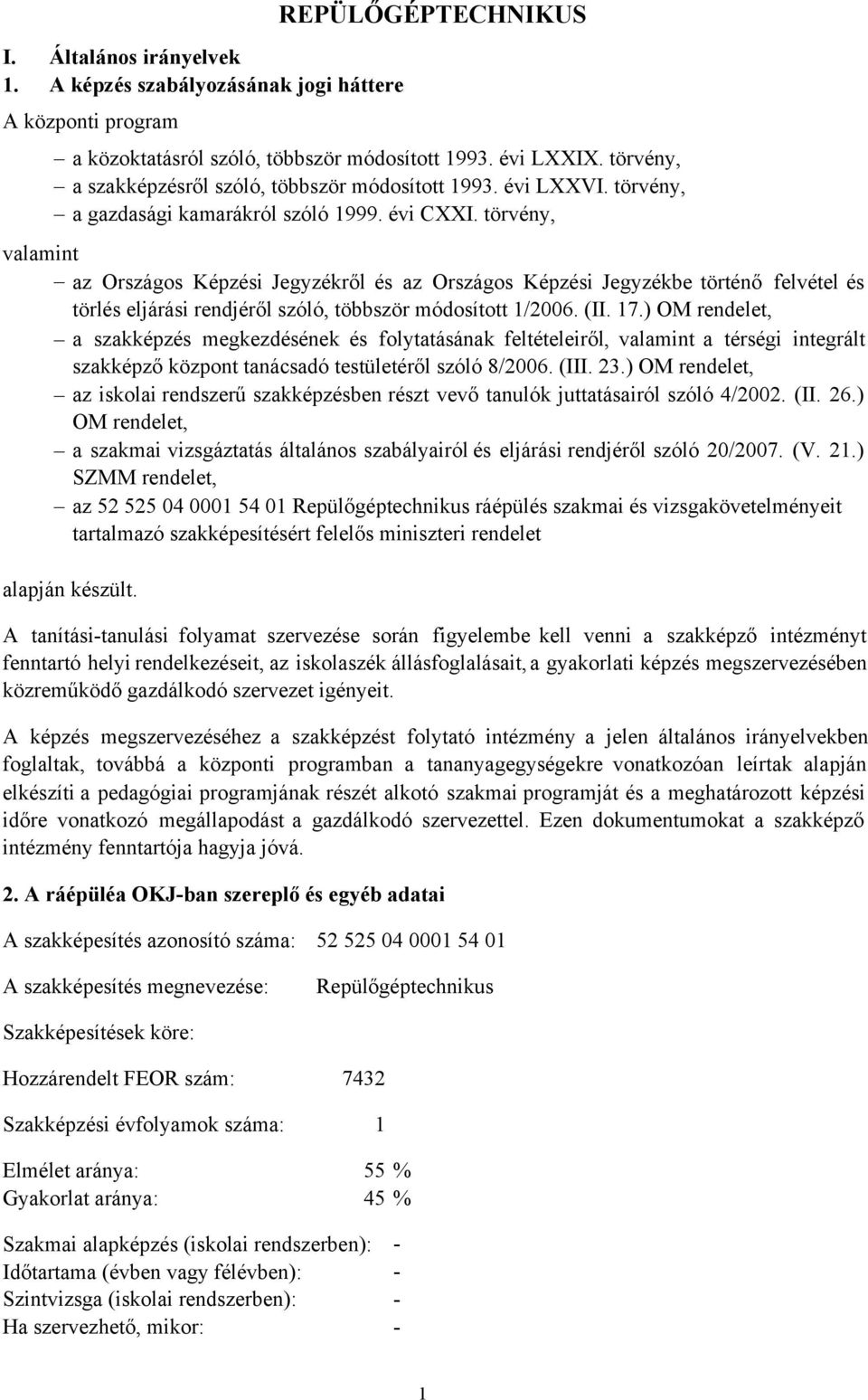 törvény, valamint az Országos Képzési Jegyzékről és az Országos Képzési Jegyzékbe történő felvétel és törlés eljárási rendjéről szóló, többször módosított 1/2006. (II. 17.