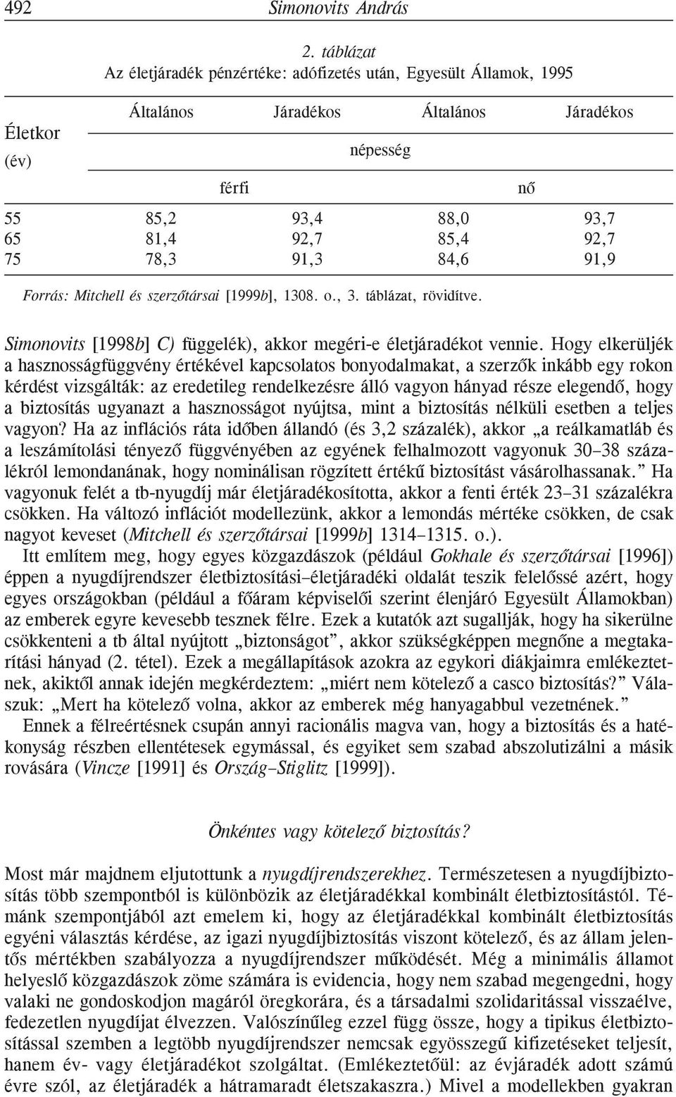 Forrás: Mitchell és szerzõtársai [1999b], 1308. o., 3. táblázat, rövidítve. nõ Simonovits [1998b] C) függelék), akkor megéri-e életjáradékot vennie.