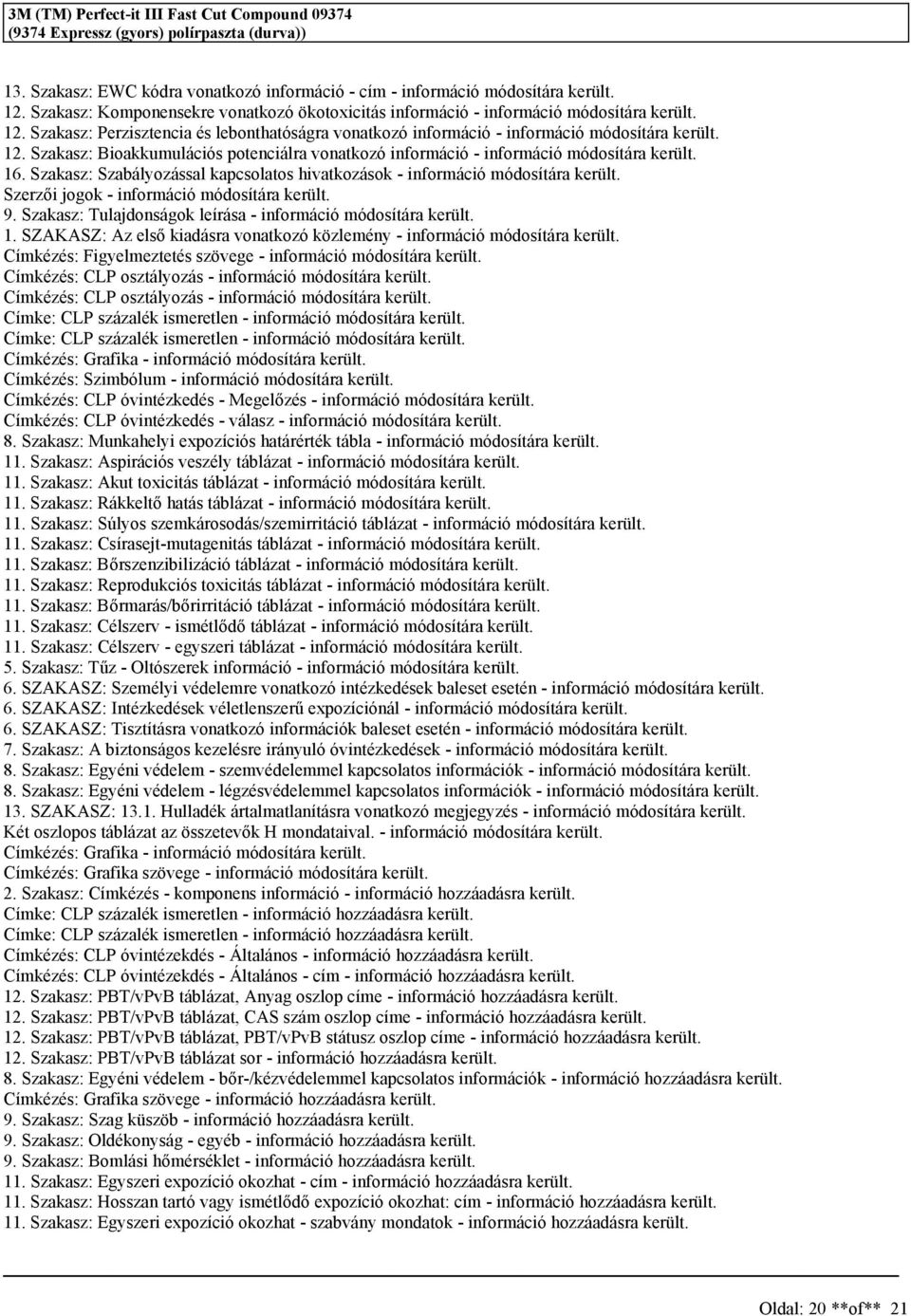 16. Szakaz: Szabályozáal kapcolato hivatkozáok - információ módoítára került. Szerzői jogok - információ módoítára került. 9. Szakaz: Tulajdonágok leíráa - információ módoítára került. 1.