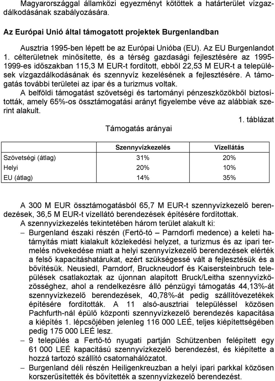 célterületnek minősítette, és a térség gazdasági fejlesztésére az 1995-1999-es időszakban 115,3 M EUR-t fordított, ebből 22,53 M EUR-t a települések vízgazdálkodásának és szennyvíz kezelésének a