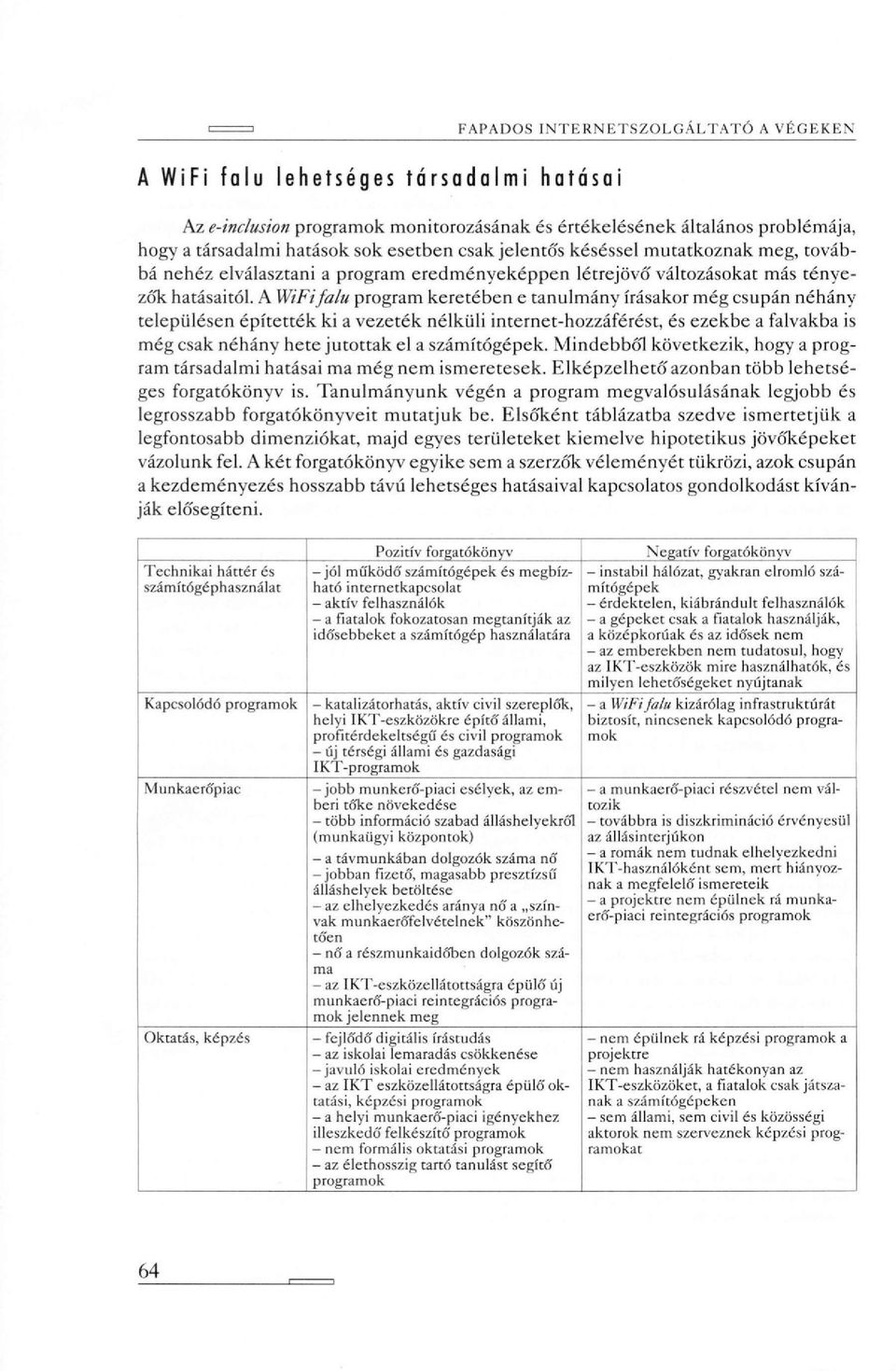 A WiFi falu program keretében e tanulmány írásakor még csupán néhány településen építették ki a vezeték nélküli internet-hozzáférést, és ezekbe a falvakba is még csak néhány hete jutottak el a