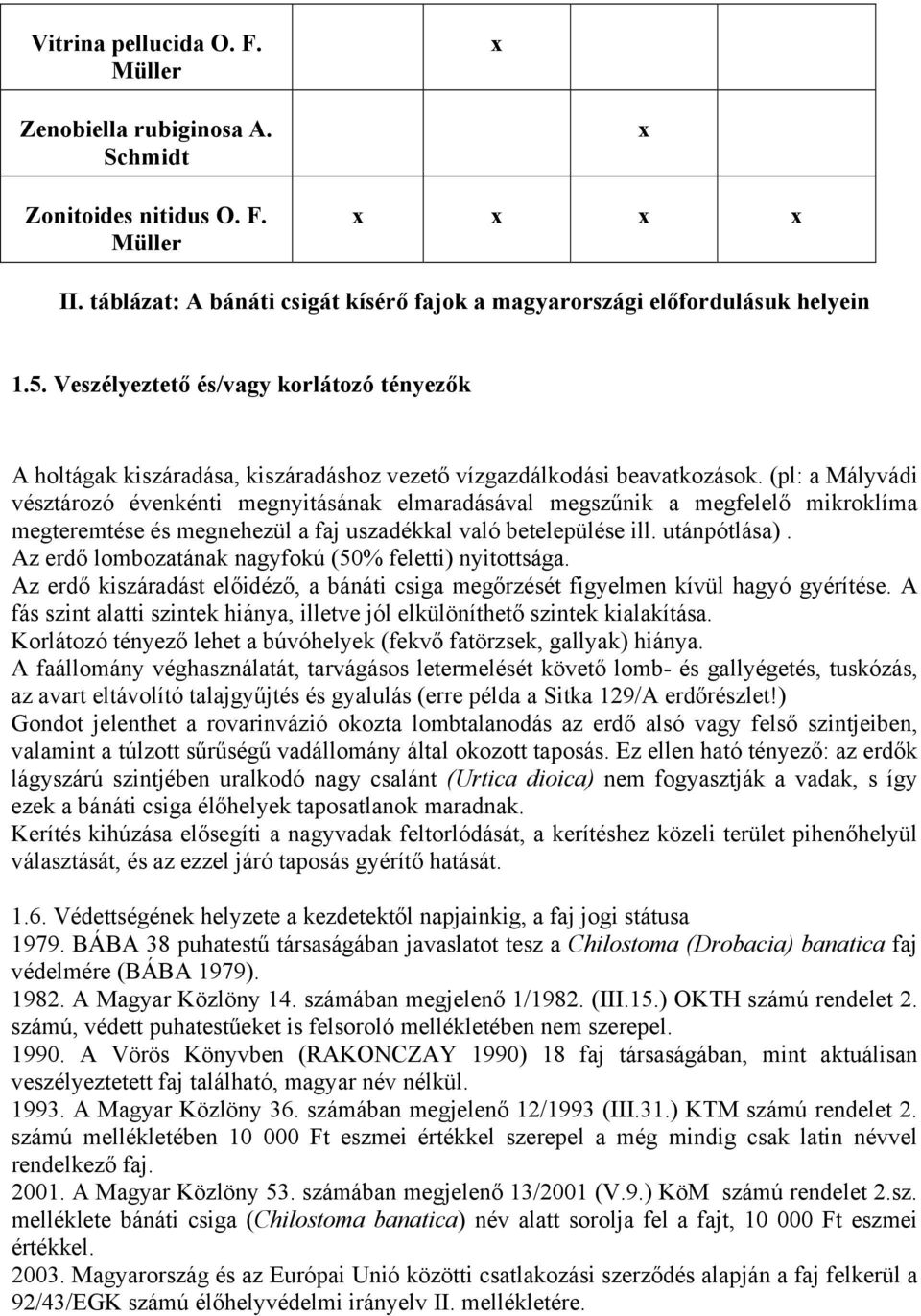 (pl: a Mályvádi vésztározó évenkénti megnyitásának elmaradásával megszűnik a megfelelő mikroklíma megteremtése és megnehezül a faj uszadékkal való betelepülése ill. utánpótlása).