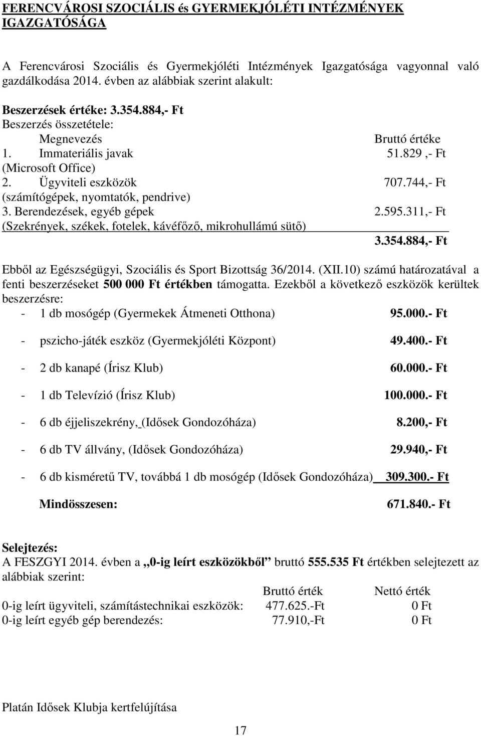 744,- Ft (számítógépek, nyomtatók, pendrive) 3. Berendezések, egyéb gépek 2.595.311,- Ft (Szekrények, székek, fotelek, kávéfőző, mikrohullámú sütő) 3.354.