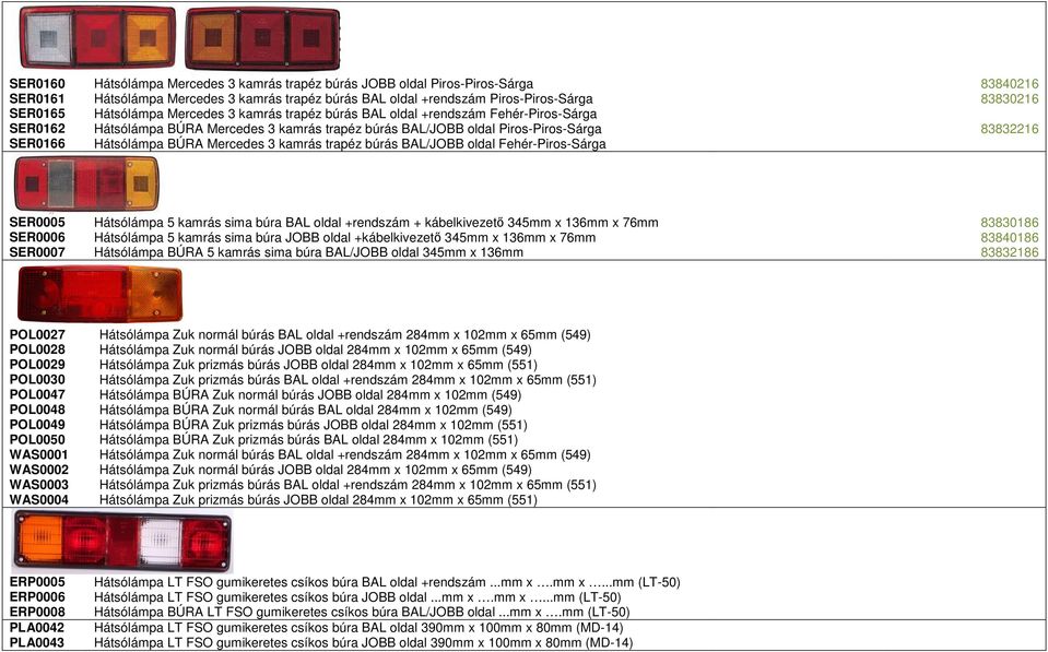 BÚRA Mercedes 3 kamrás trapéz búrás BAL/JOBB oldal Fehér-Piros-Sárga SER0005 Hátsólámpa 5 kamrás sima búra BAL oldal +rendszám + kábelkivezető 345mm x 136mm x 76mm 83830186 SER0006 Hátsólámpa 5