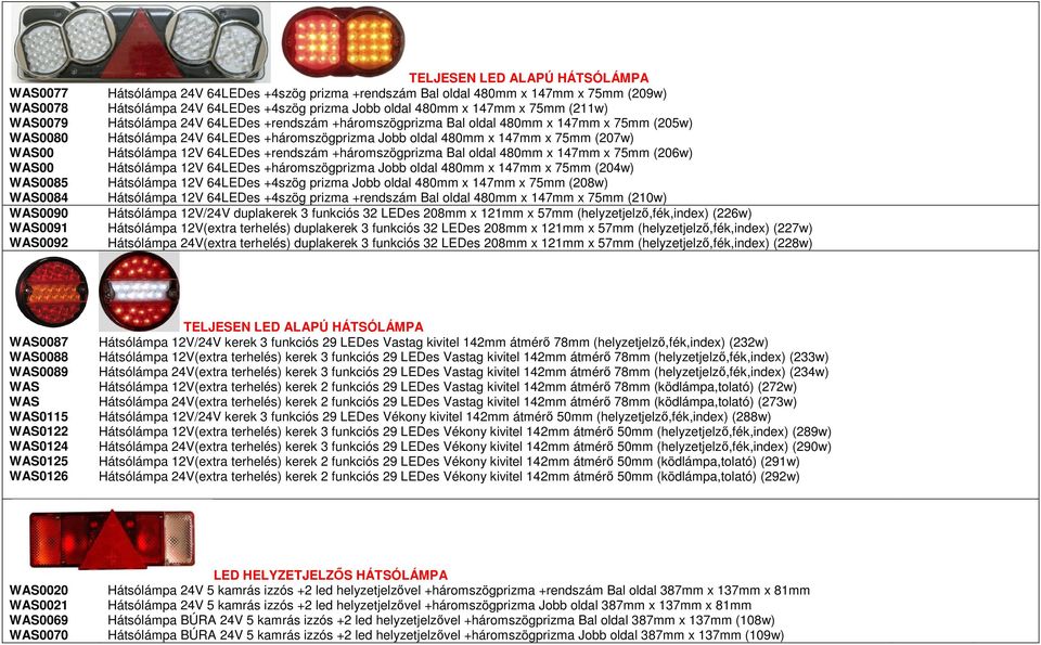 Hátsólámpa 12V 64LEDes +rendszám +háromszögprizma Bal oldal 480mm x 147mm x 75mm (206w) WAS00 Hátsólámpa 12V 64LEDes +háromszögprizma Jobb oldal 480mm x 147mm x 75mm (204w) WAS0085 Hátsólámpa 12V