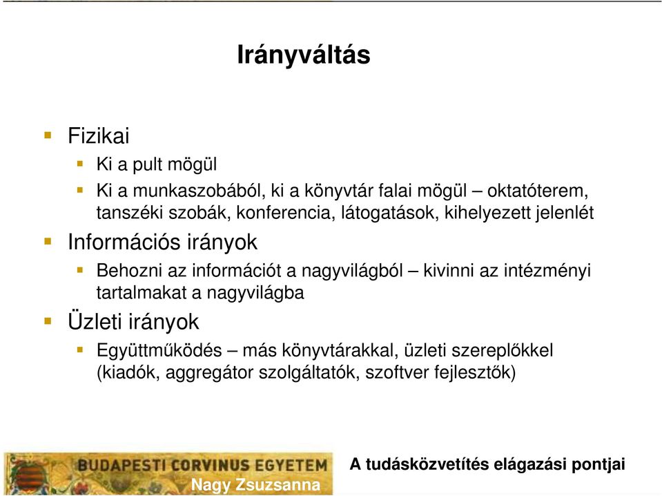 információt a nagyvilágból kivinni az intézményi tartalmakat a nagyvilágba Üzleti irányok