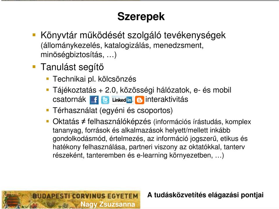 0, közösségi hálózatok, e- és mobil csatornák interaktivitás Térhasználat (egyéni és csoportos) Oktatás felhasználóképzés (információs