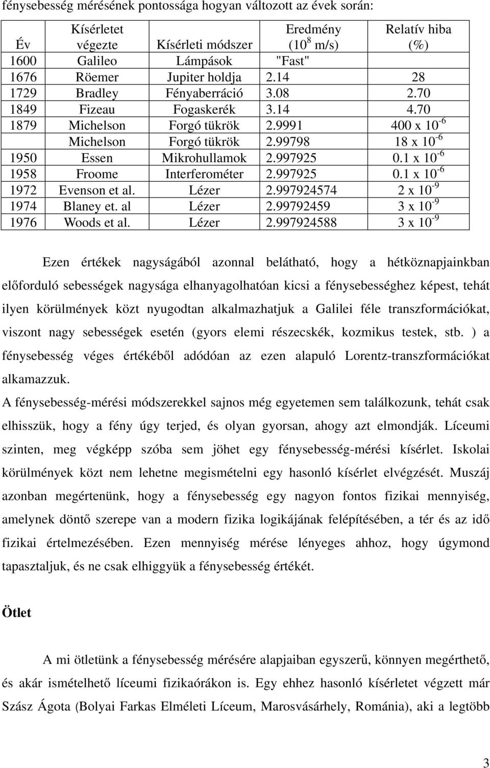 997925 0.1 x 10-6 1958 Froome Interferométer 2.997925 0.1 x 10-6 1972 Evenson et al. Lézer 2.