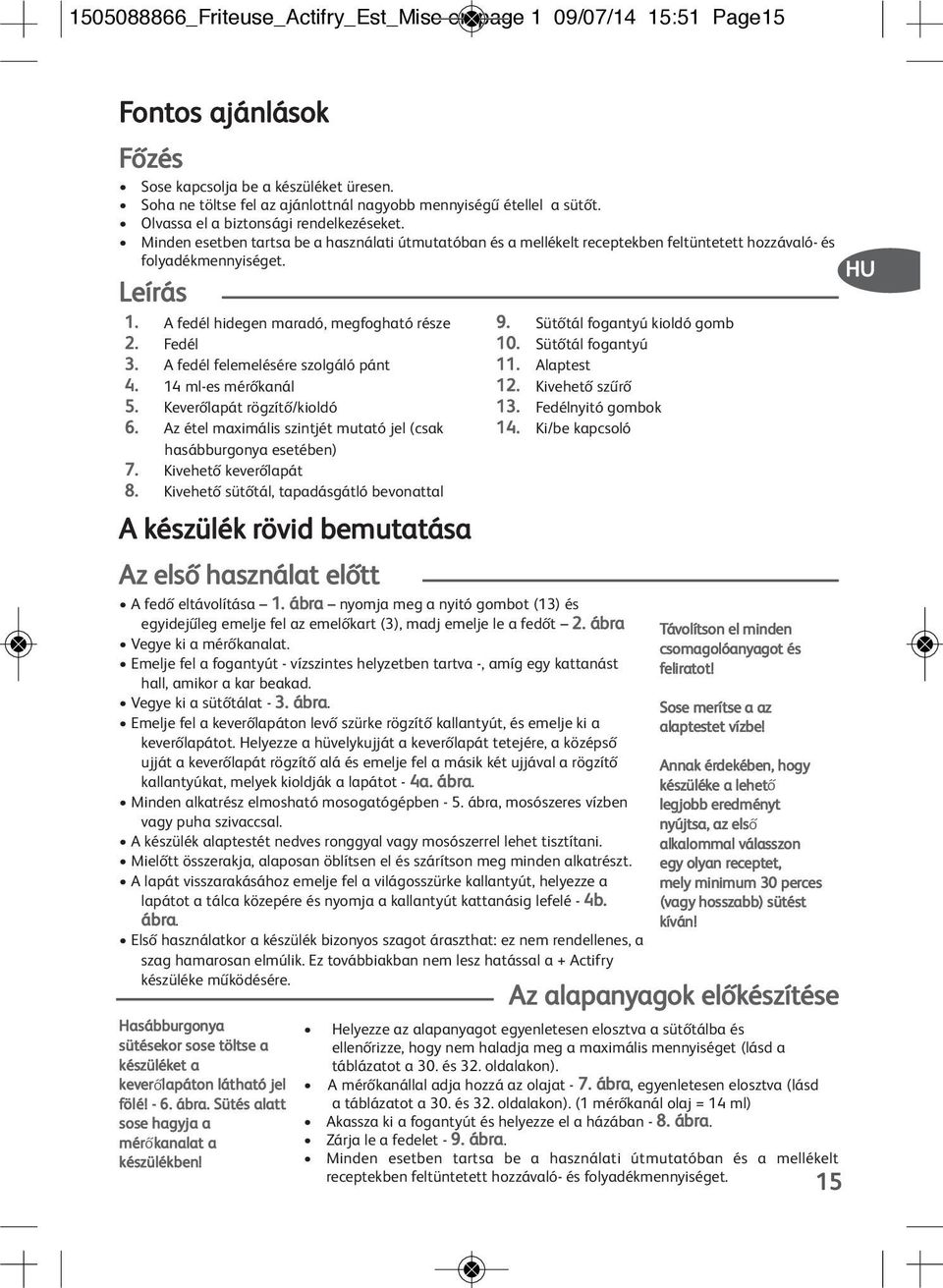 A fedél hidegen maradó, megfogható része 2. Fedél 3. A fedél felemelésére szolgáló pánt 4. 14 ml-es mérőkanál 5. Keverőlapát rögzítő/kioldó 6.