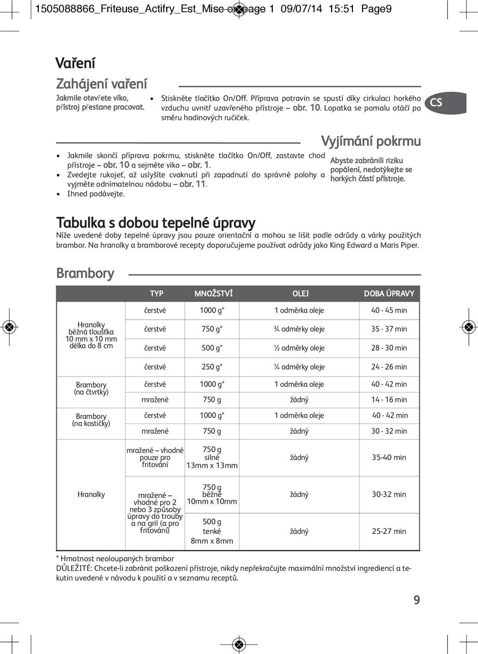 CS Vyjímání pokrmu Jakmile skončí příprava pokrmu, stiskněte tlačítko On/Off, zastavte chod Abyste zabránili riziku přístroje obr. 10