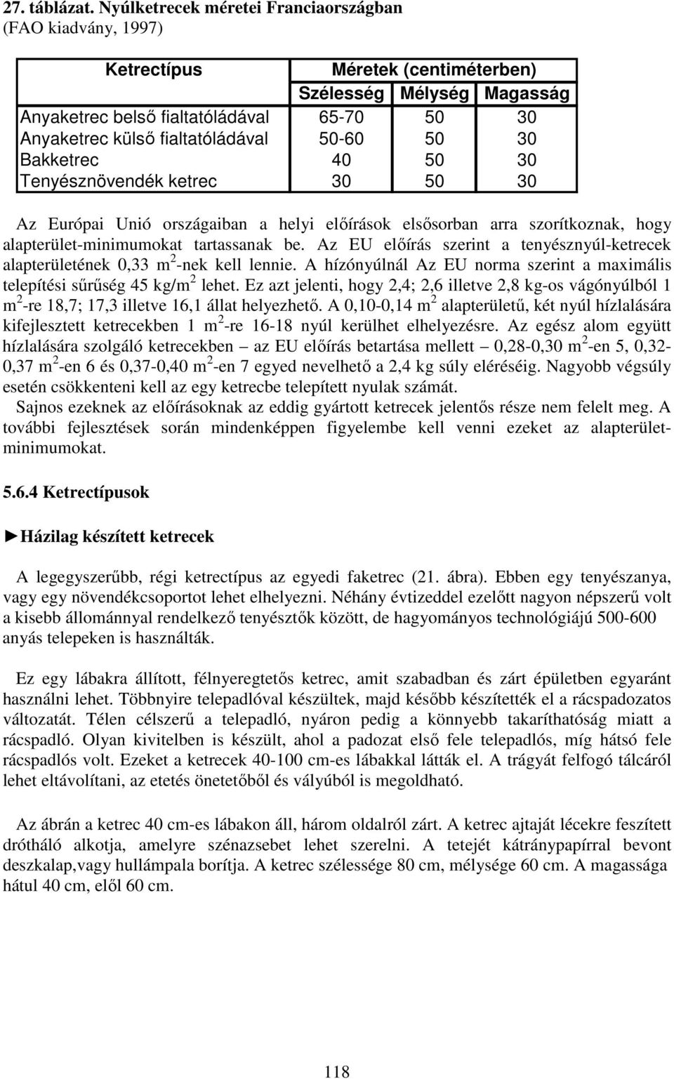 50-60 50 30 Bakketrec 40 50 30 Tenyésznövendék ketrec 30 50 30 Az Európai Unió országaiban a helyi előírások elsősorban arra szorítkoznak, hogy alapterület-minimumokat tartassanak be.