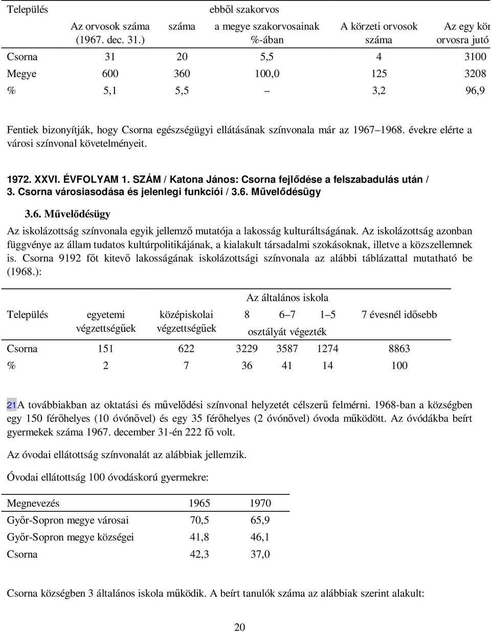 bizonyítják, hogy Csorna egészségügyi ellátásának színvonala már az 1967 1968. évekre elérte a városi színvonal követelményeit. 1972. XXVI. ÉVFOLYAM 1.