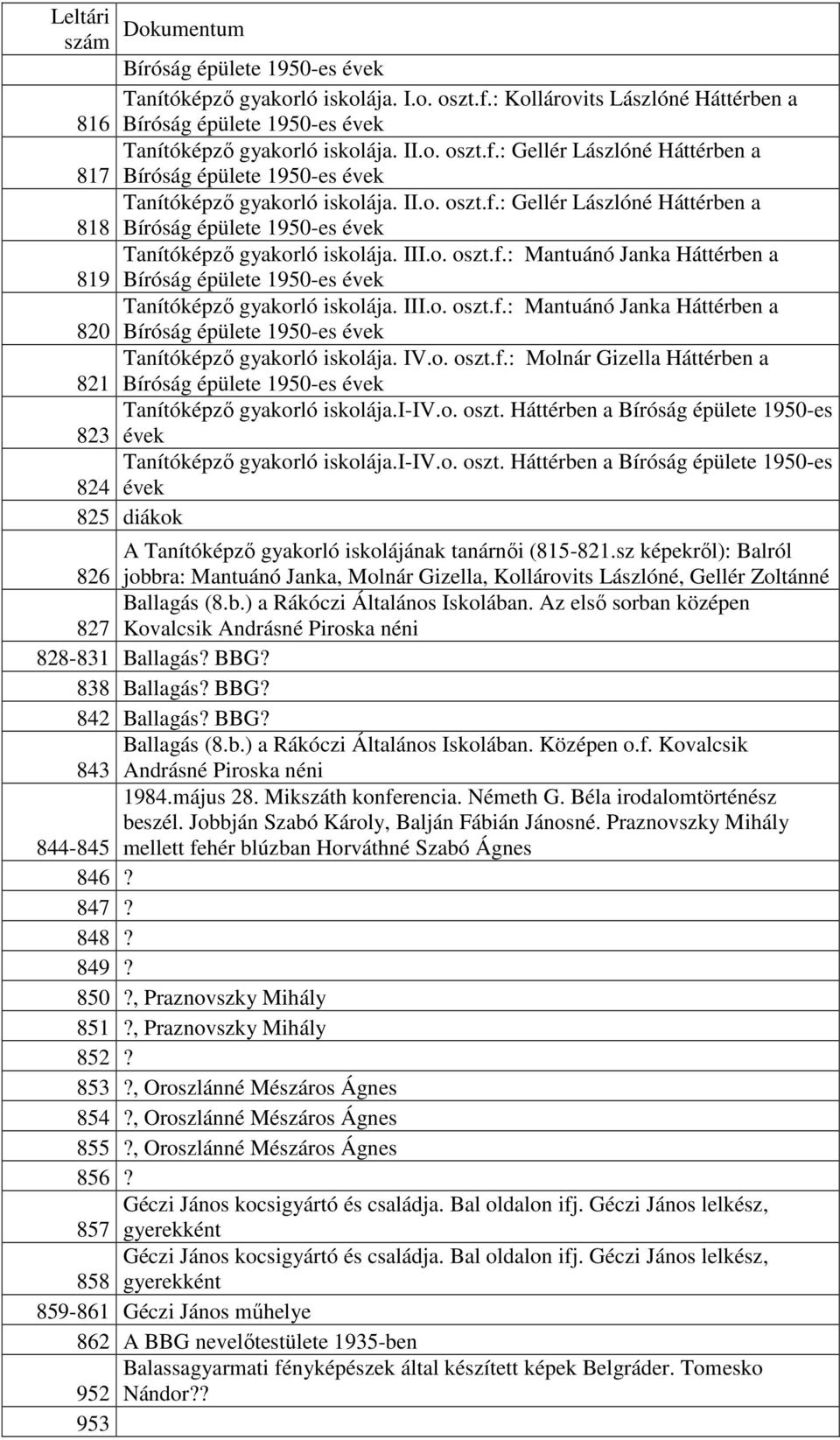 III.o. oszt.f.: Mantuánó Janka Háttérben a 820 Bíróság épülete 1950-es évek Tanítóképzı gyakorló iskolája. IV.o. oszt.f.: Molnár Gizella Háttérben a 821 Bíróság épülete 1950-es évek Tanítóképzı gyakorló iskolája.