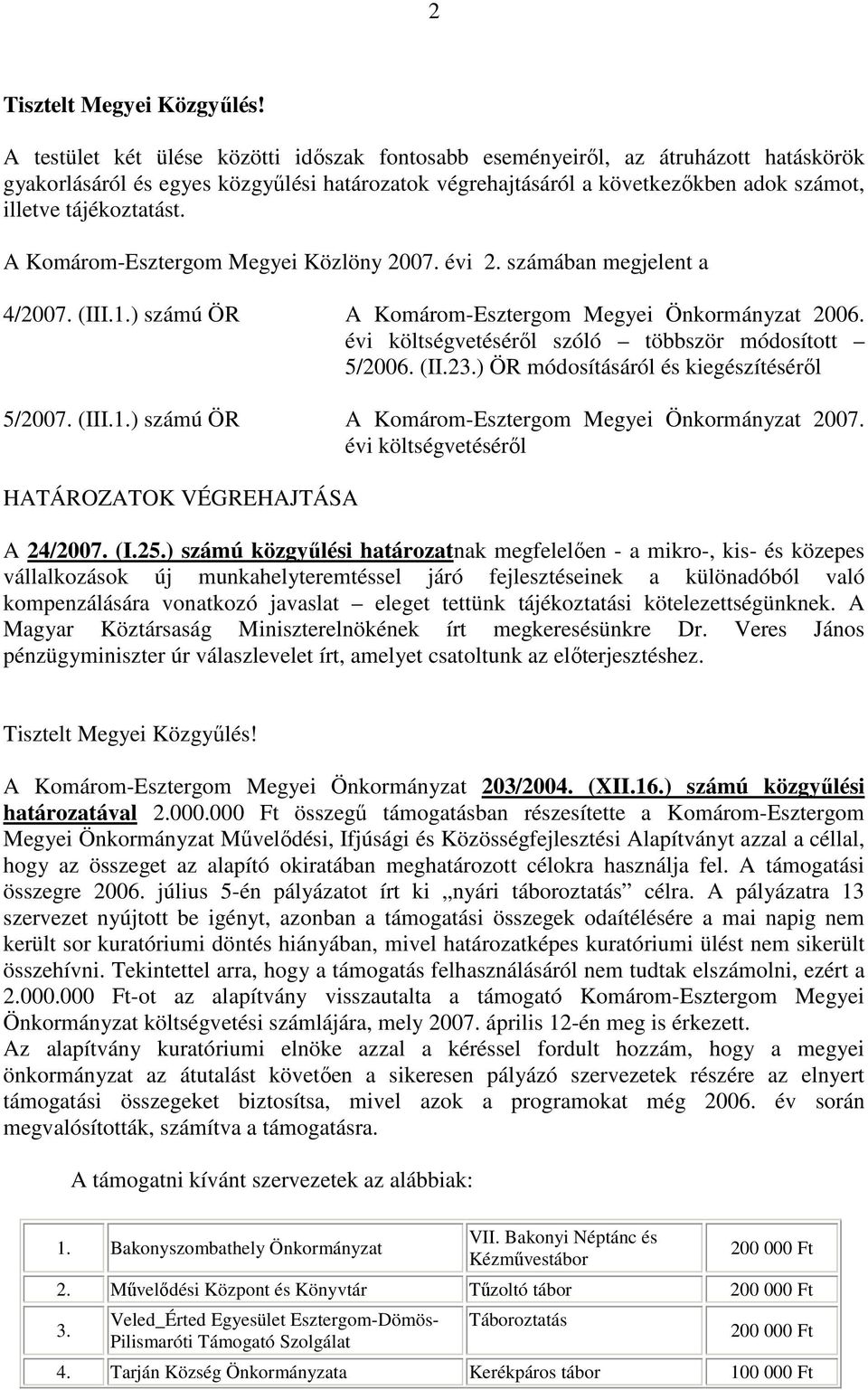 A Komárom-Esztergom Megyei Közlöny 2007. évi 2. számában megjelent a 4/2007. (III.1.) számú ÖR A Komárom-Esztergom Megyei Önkormányzat 2006. évi költségvetésérıl szóló többször módosított 5/2006. (II.23.