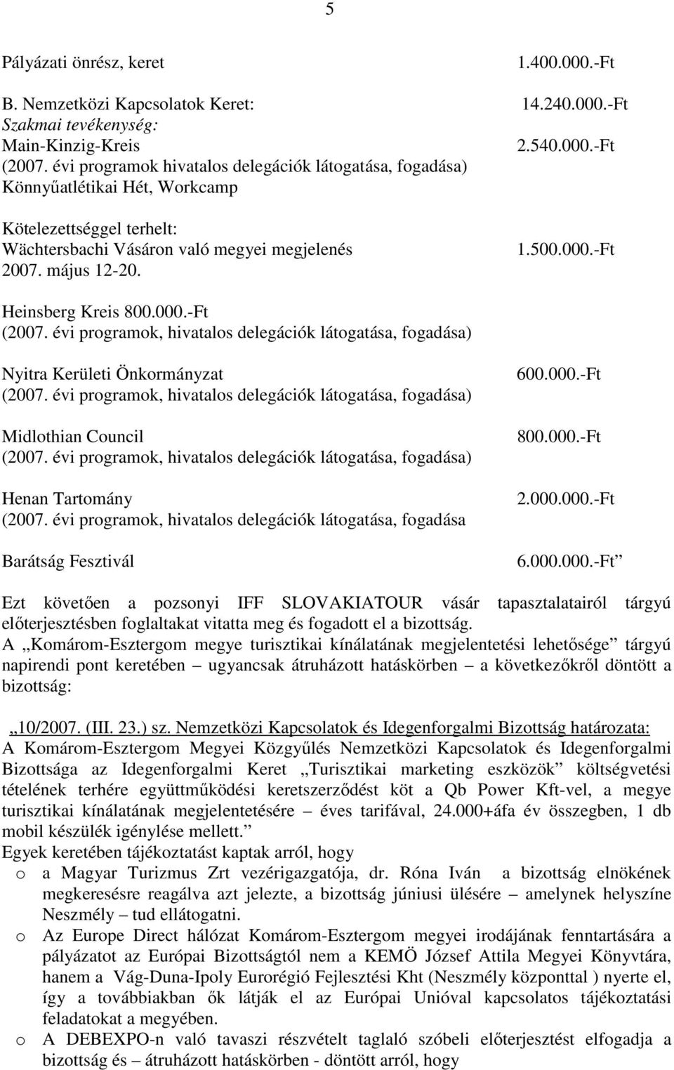 -Ft Heinsberg Kreis 800.000.-Ft (2007. évi programok, hivatalos delegációk látogatása, fogadása) Nyitra Kerületi Önkormányzat (2007.