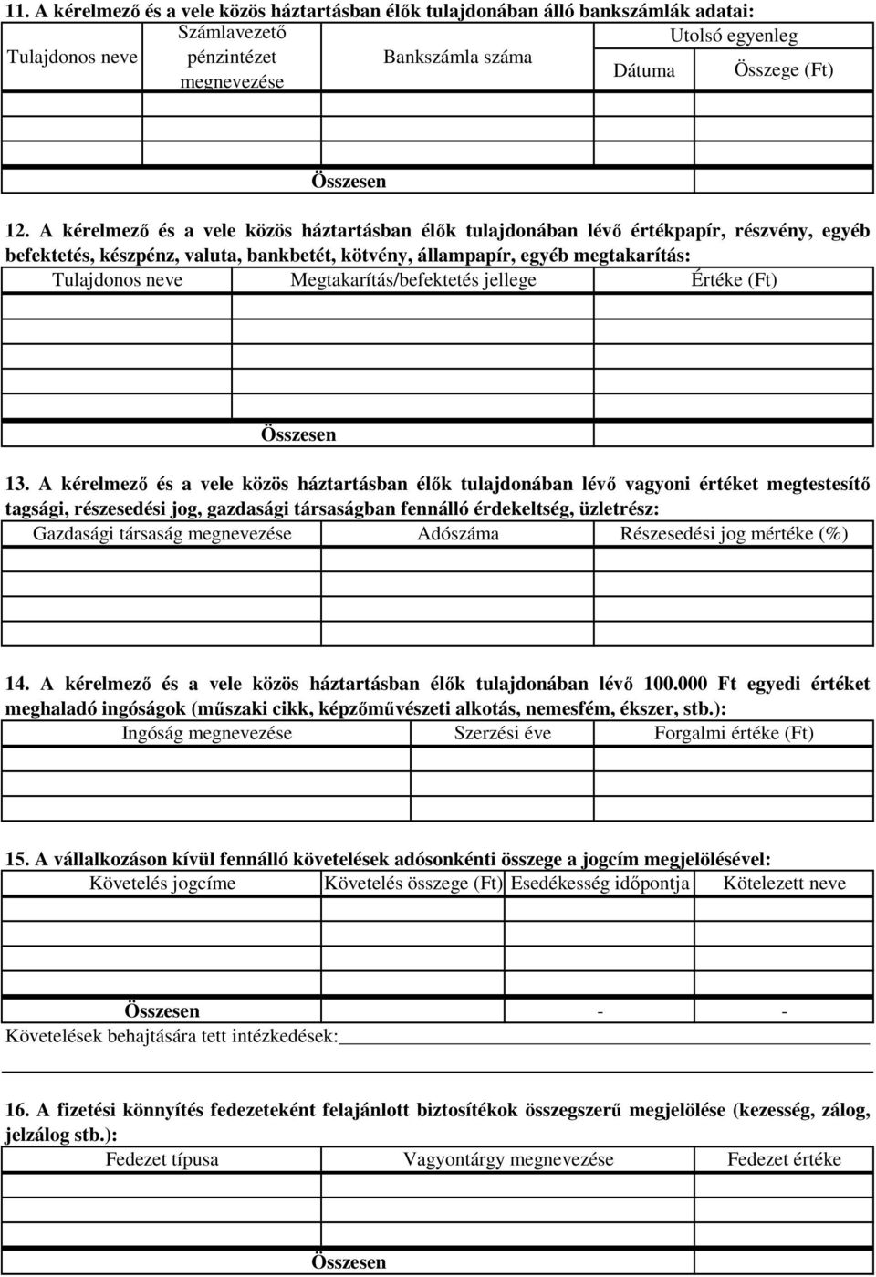 Megtakarítás/befektetés jellege Értéke (Ft) 13.