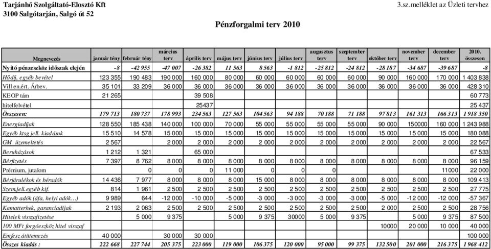 melléklet az Üzleti tervhez Megnevezés január tény február tény március terv április terv május terv június terv július terv augusztus terv szeptember terv október terv Nyitó pénzeszköz időszak