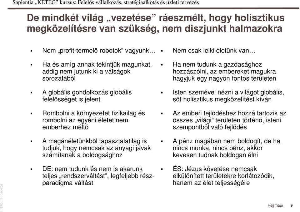 jelent Isten szemével nézni a világot globális, sőt holisztikus megközelítést kíván Rombolni a környezetet fizikailag és rombolni az egyéni életet nem emberhez méltó Az emberi fejlődéshez hozzá