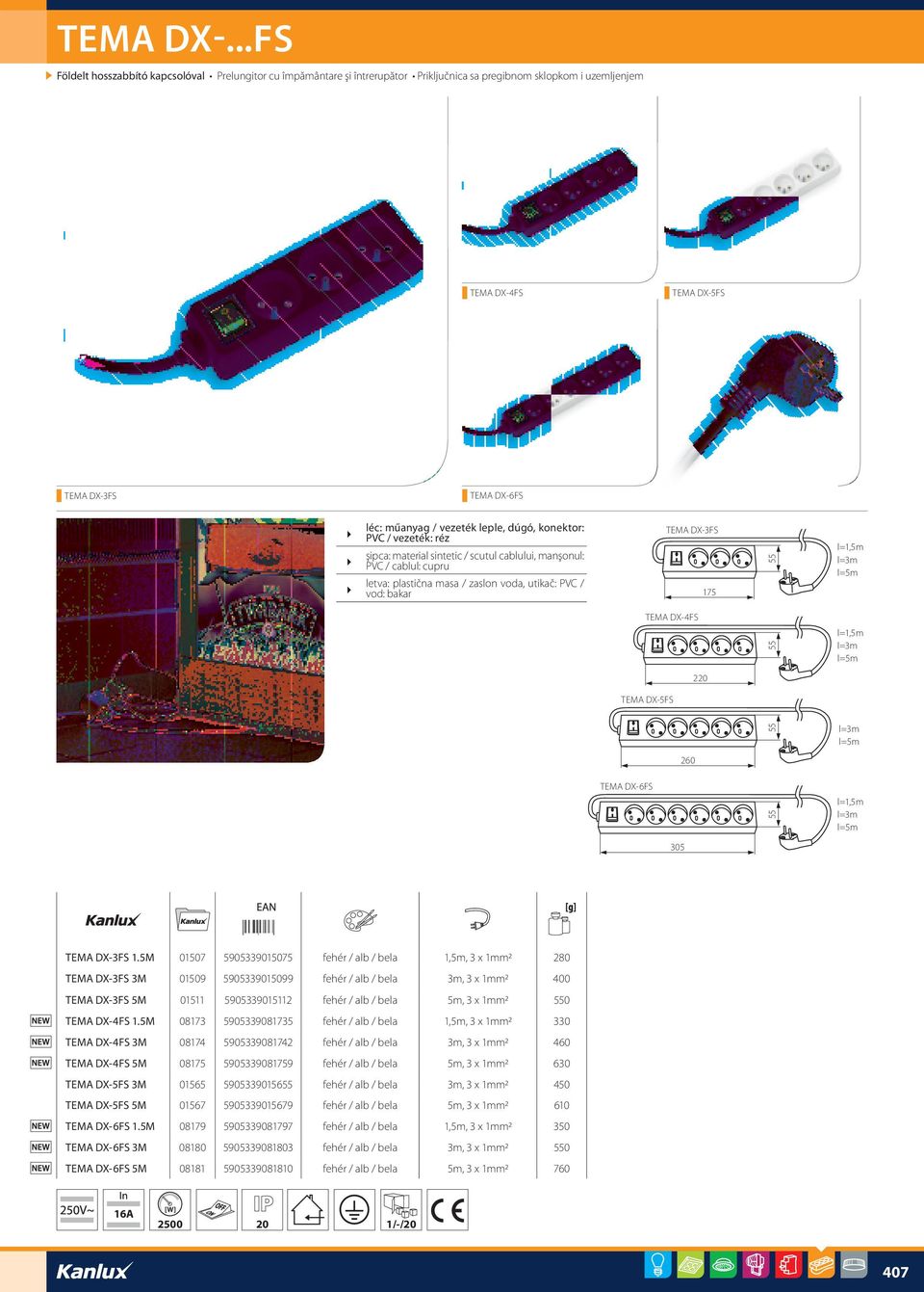 leple, dúgó, konektor: PVC / vezeték: réz şipca: material sintetic / scutul cablului, manşonul: PVC / cablul: cupru letva: plastična masa / zaslon voda, utikač: PVC / vod: bakar TEMA DX-3FS 175 55