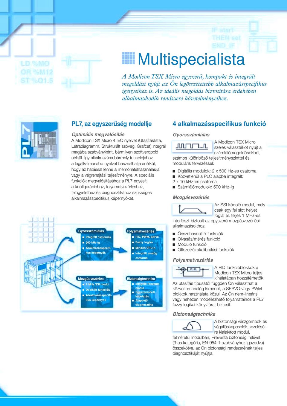 PL7, az egyszerûség modellje Optimális megvalósítás A Modicon TSX Micro 4 IEC nyelvet (Utasításlista, Létradiagramm, Strukturált szöveg, Grafcet) integrál magába szabványként, bármilyen szoftveropció