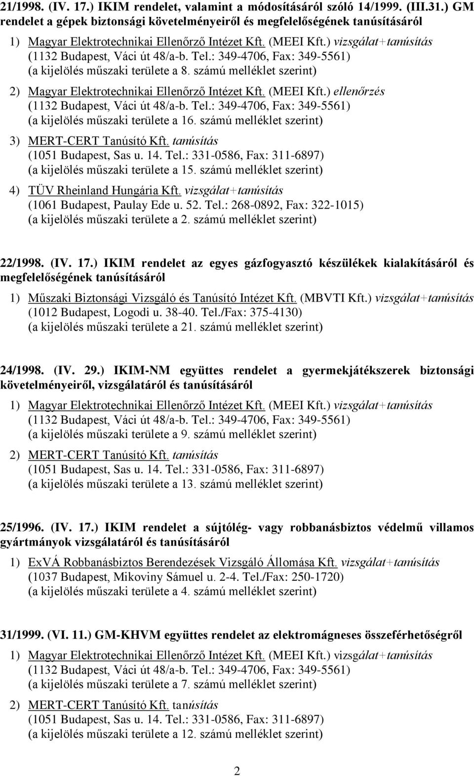 Tel.: 349-4706, Fax: 349-5561) (a kijelölés műszaki területe a 8. számú melléklet szerint) 2) Magyar Elektrotechnikai Ellenőrző Intézet Kft. (MEEI Kft.) ellenőrzés (1132 Budapest, Váci út 48/a-b. Tel.