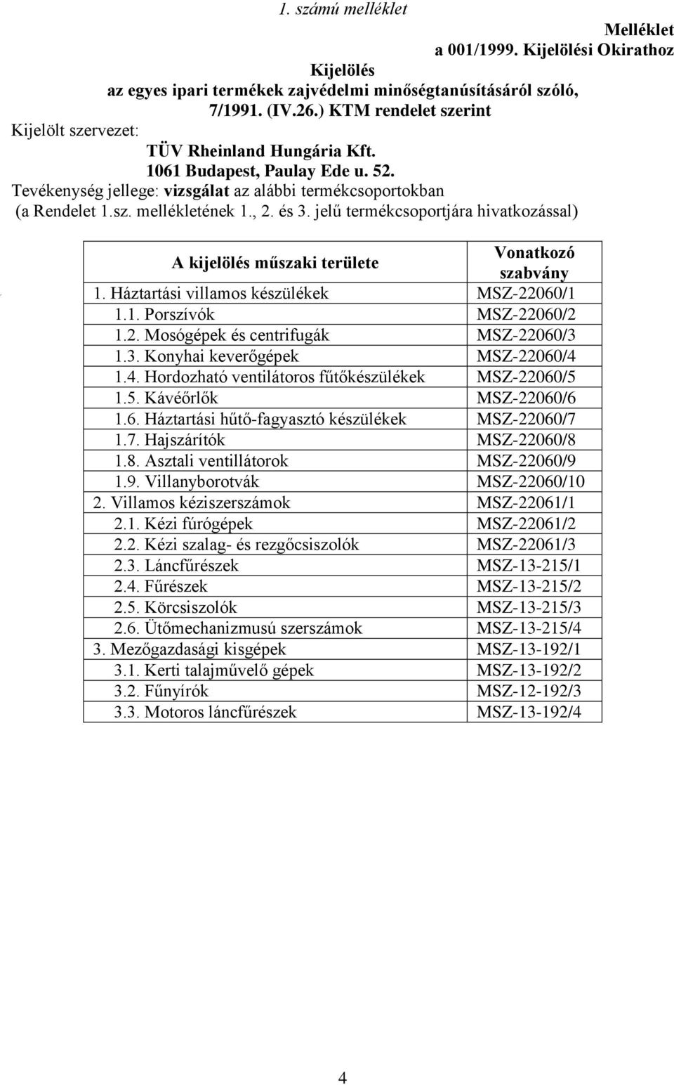 , 2. és 3. jelű termékcsoportjára hivatkozással) A kijelölés műszaki területe Vonatkozó szabvány 1. Háztartási villamos készülékek MSZ-22060/1 1.1. Porszívók MSZ-22060/2 1.2. Mosógépek és centrifugák MSZ-22060/3 1.