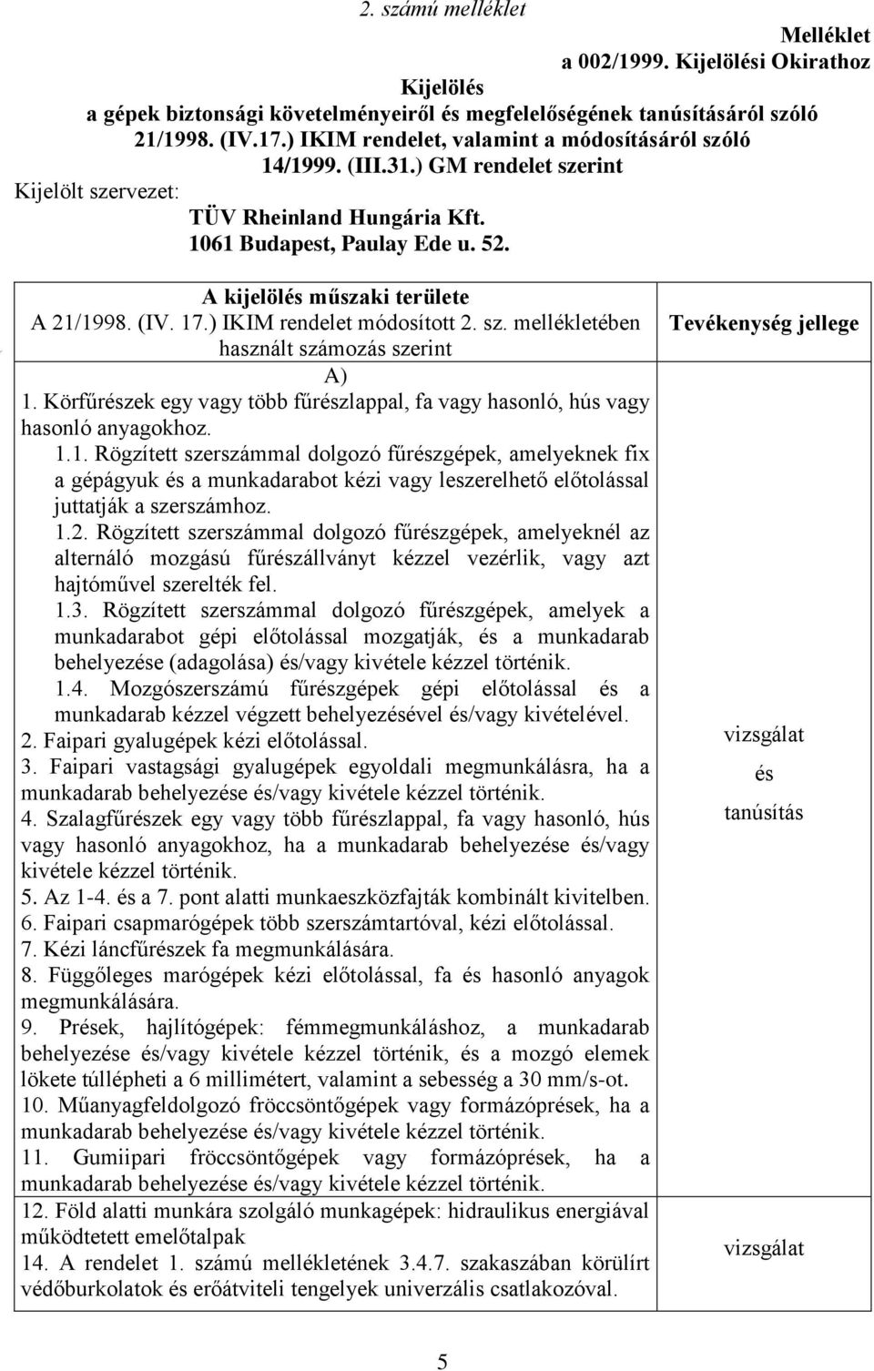 A kijelölés műszaki területe A 21/1998. (IV. 17.) IKIM rendelet módosított 2. sz. mellékletében használt számozás szerint A) 1.