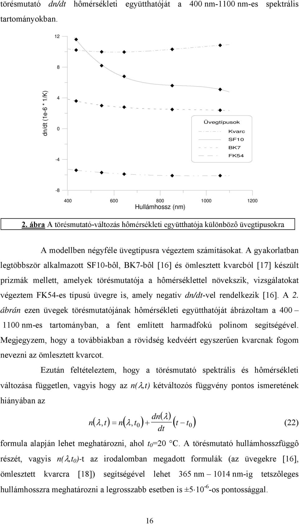 A gyakorlatban legtöbbször alkalmazott SF10-bôl, BK7-bôl [16] és ömlesztett kvarcból [17] készült prizmák mellett, amelyek törésmutatója a hômérséklettel növekszik, vizsgálatokat végeztem FK54-es