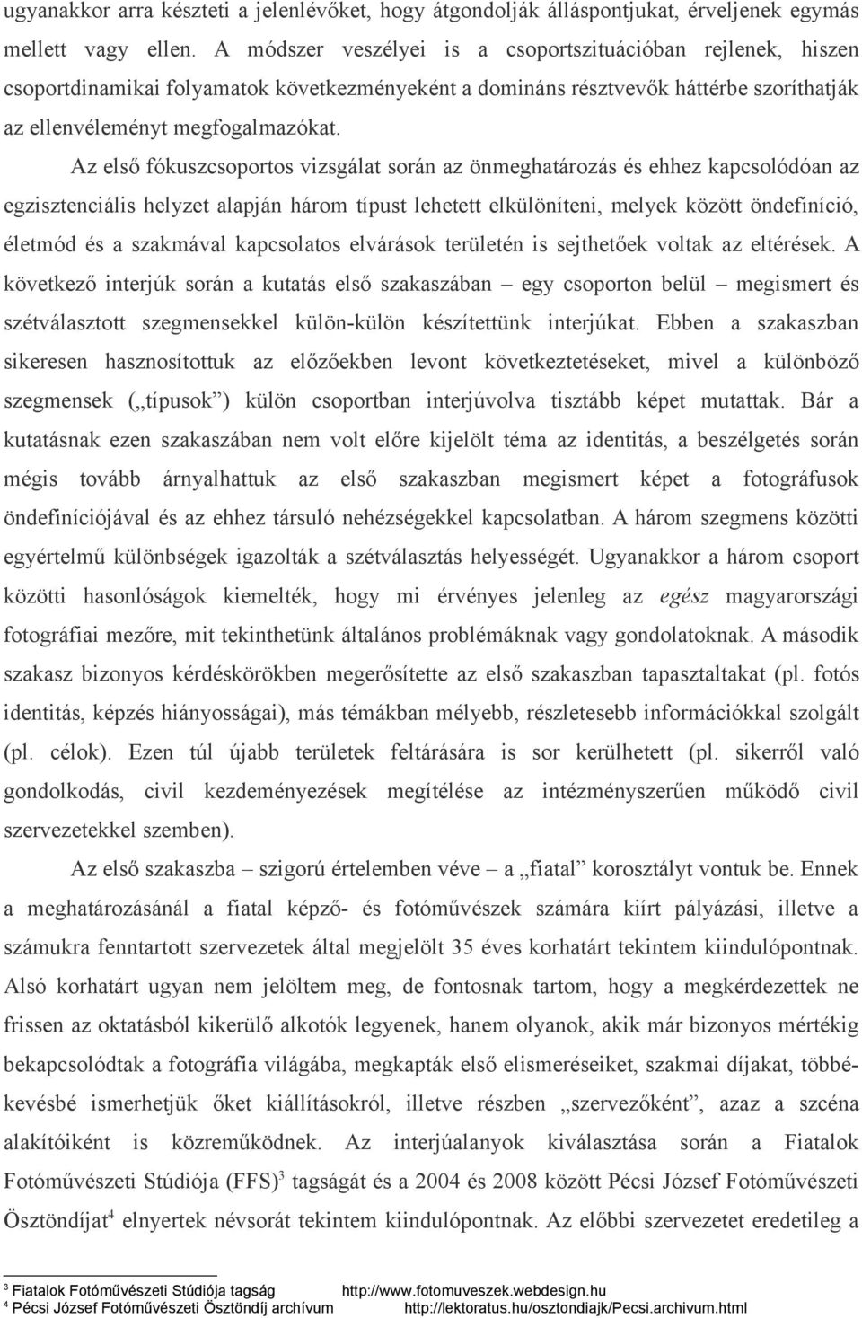 Az első fókuszcsoportos vizsgálat során az önmeghatározás és ehhez kapcsolódóan az egzisztenciális helyzet alapján három típust lehetett elkülöníteni, melyek között öndefiníció, életmód és a