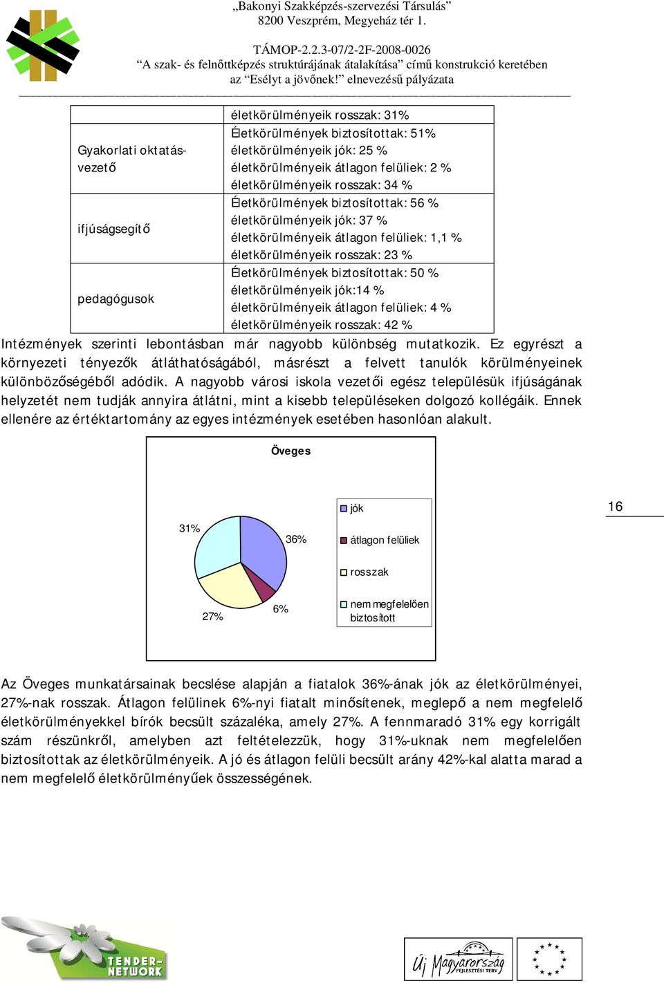 életkörülményeik jók:14 % pedagógusok életkörülményeik átlagon felüliek: 4 % életkörülményeik rosszak: 42 % Intézmények szerinti lebontásban már nagyobb különbség mutatkozik.