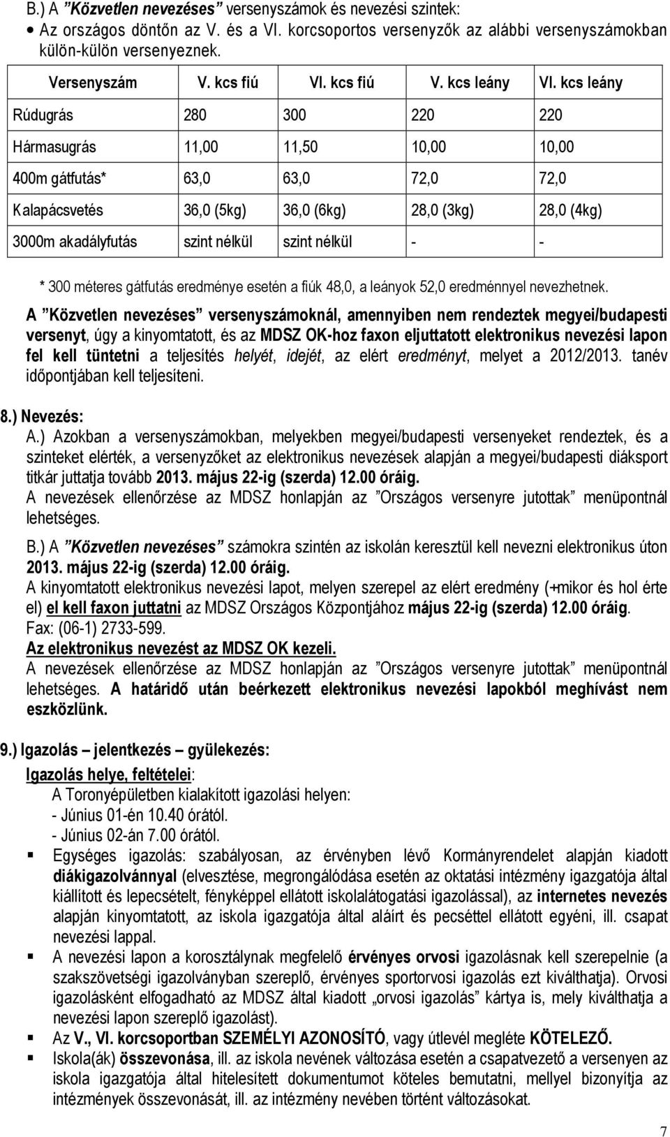 kcs leány Rúdugrás 280 300 220 220 Hármasugrás 11,00 11,50 10,00 10,00 400m gátfutás* 63,0 63,0 72,0 72,0 Kalapácsvetés 36,0 (5kg) 36,0 (6kg) 28,0 (3kg) 28,0 (4kg) 3000m akadályfutás szint nélkül