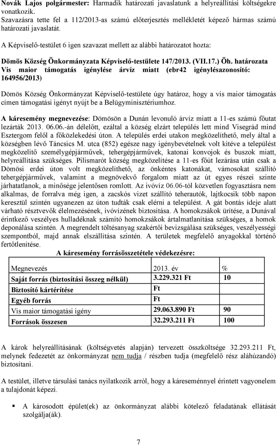 határozata Vis maior támogatás igénylése árvíz miatt (ebr42 igénylésazonosító: 164956/2013) Dömös Község Önkormányzat Képviselő-testülete úgy határoz, hogy a vis maior támogatás címen támogatási