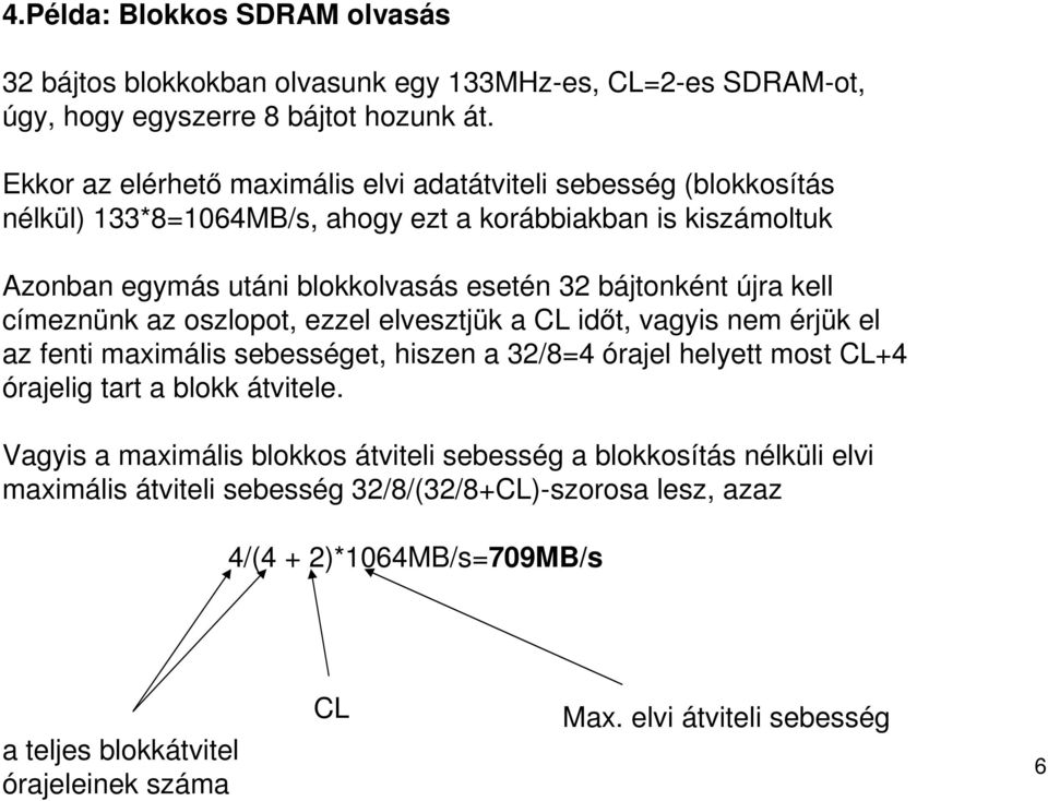 bájtonként újra kell címeznünk az oszlopot, ezzel elvesztjük a CL időt, vagyis nem érjük el az fenti maximális sebességet, hiszen a 32/8=4 órajel helyett most CL+4 órajelig tart a