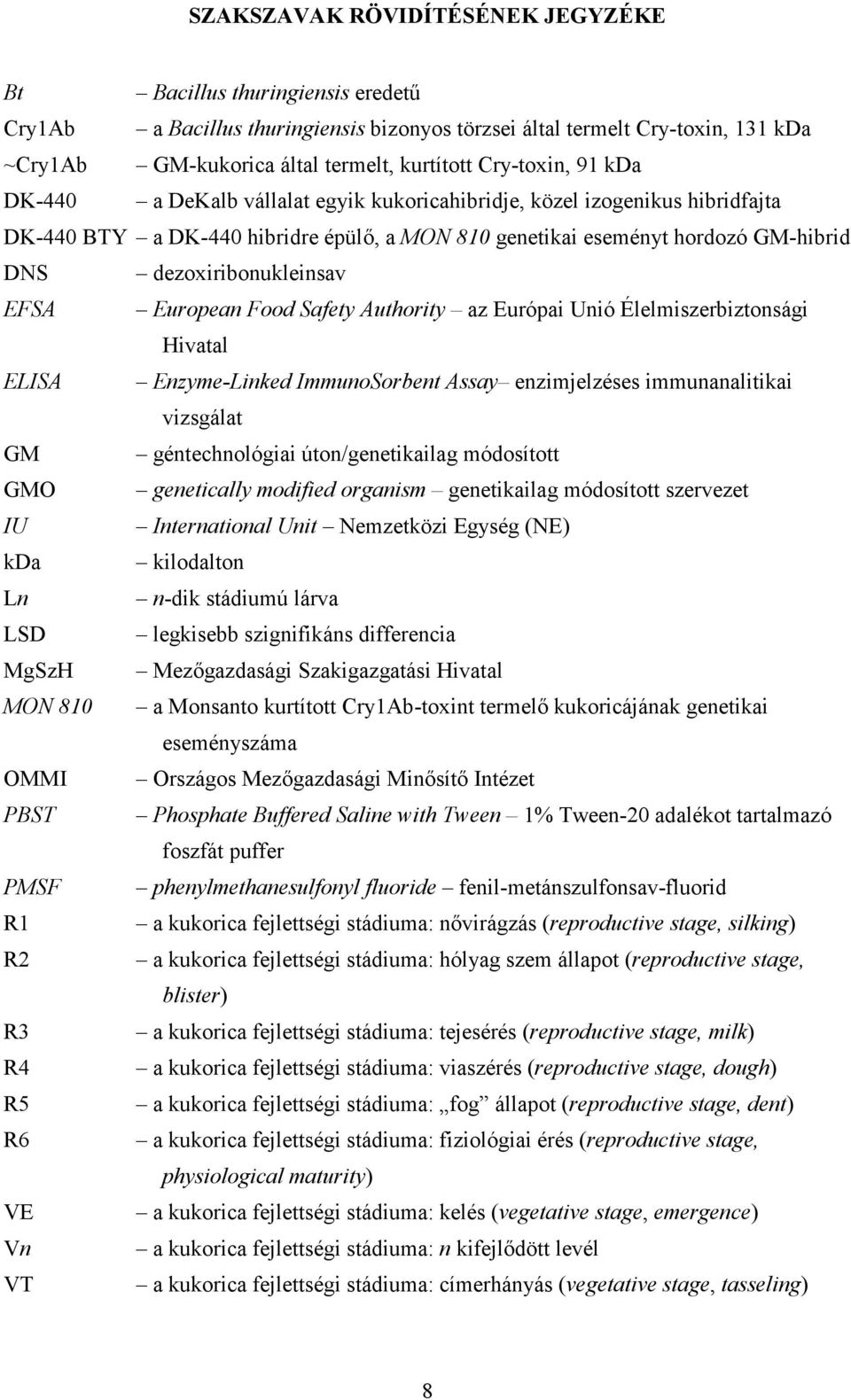 dezoxiribonukleinsav EFSA European Food Safety Authority az Európai Unió Élelmiszerbiztonsági Hivatal ELISA Enzyme-Linked ImmunoSorbent Assay enzimjelzéses immunanalitikai vizsgálat GM