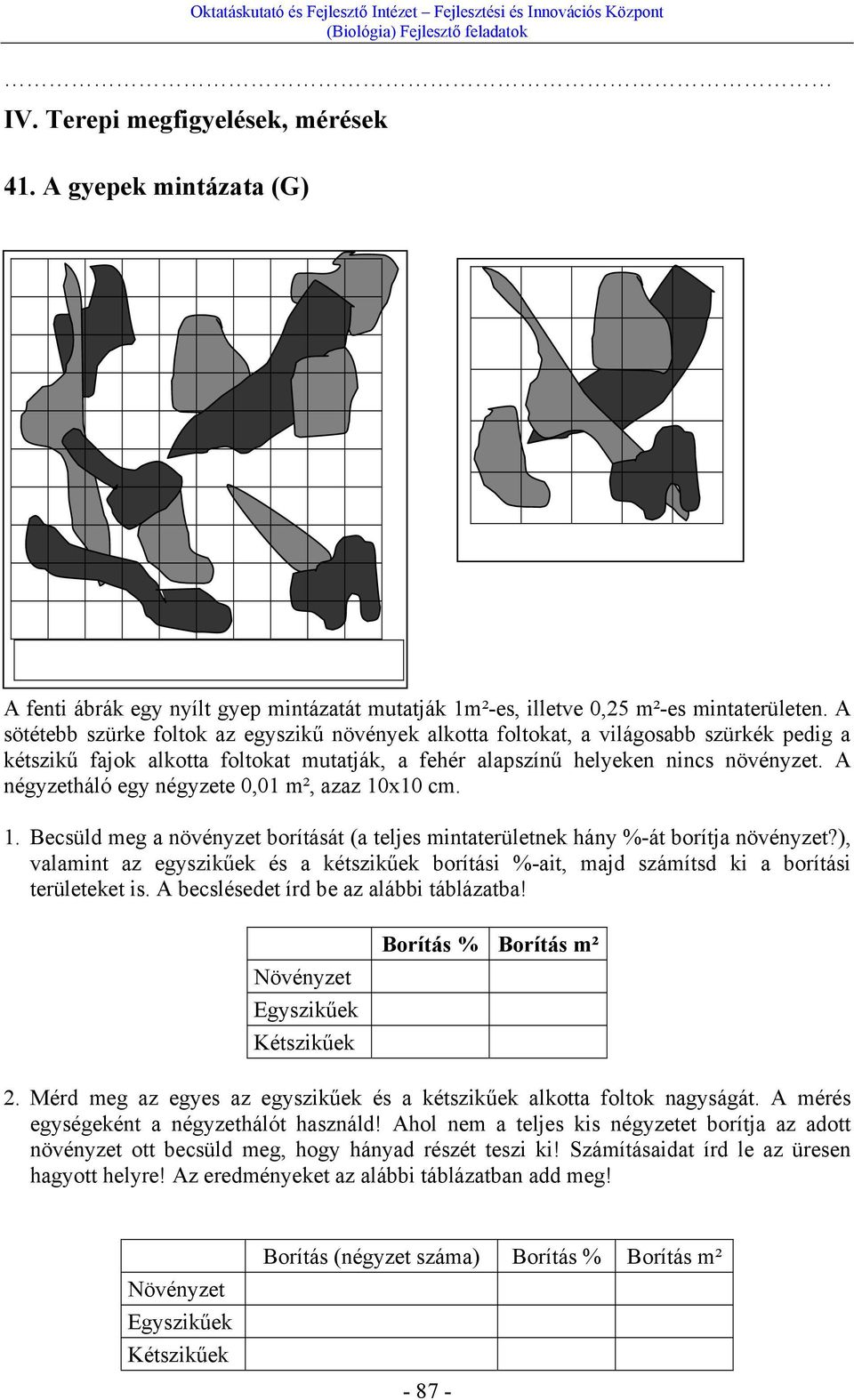 A négyzetháló egy négyzete 0,01 m², azaz 10x10 cm. 1. Becsüld meg a növényzet borítását (a teljes mintaterületnek hány %-át borítja növényzet?
