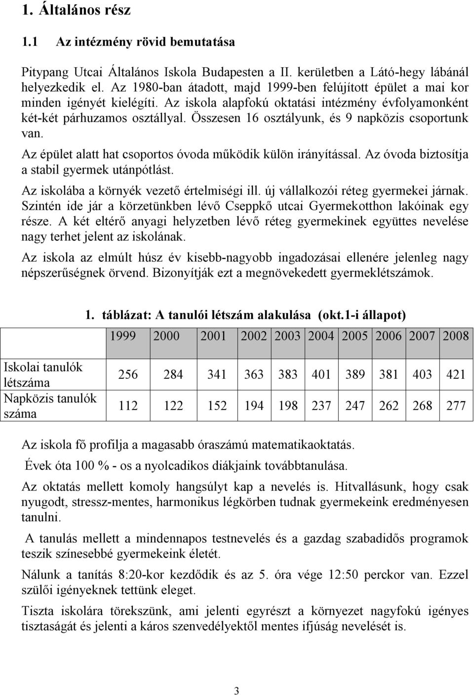 Összesen 16 osztályunk, és 9 napközis csoportunk van. Az épület alatt hat csoportos óvoda működik külön irányítással. Az óvoda biztosítja a stabil gyermek utánpótlást.