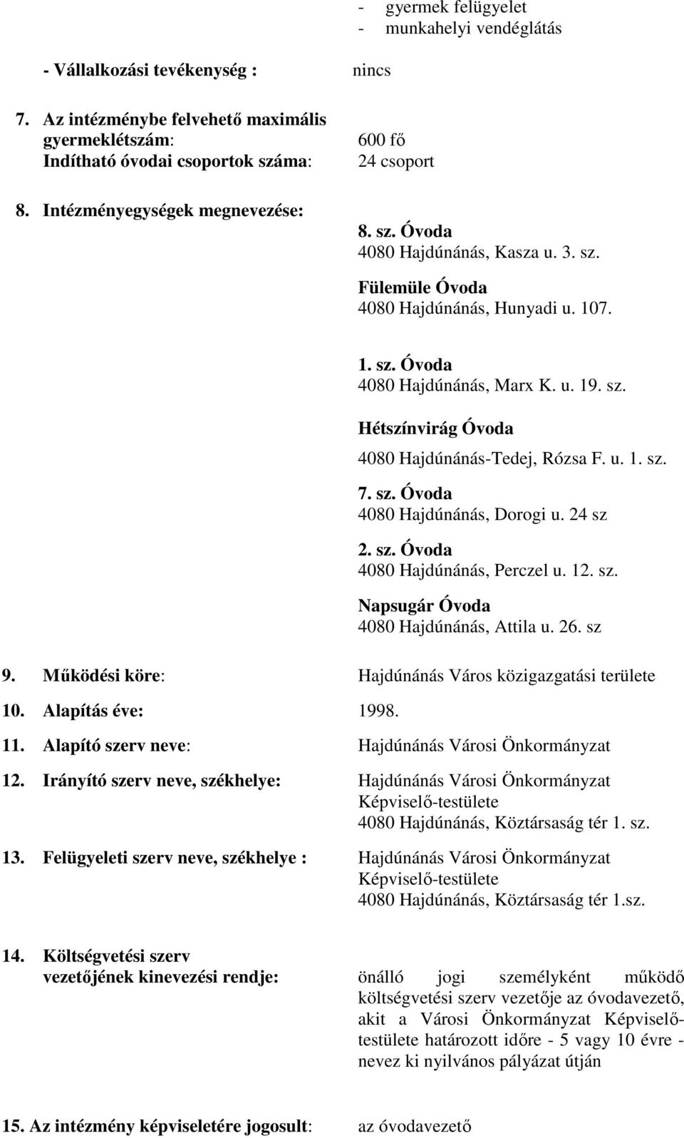 u. 1. sz. 7. sz. Óvoda 4080 Hajdúnánás, Dorogi u. 24 sz 2. sz. Óvoda 4080 Hajdúnánás, Perczel u. 12. sz. Napsugár Óvoda 4080 Hajdúnánás, Attila u. 26. sz 9.